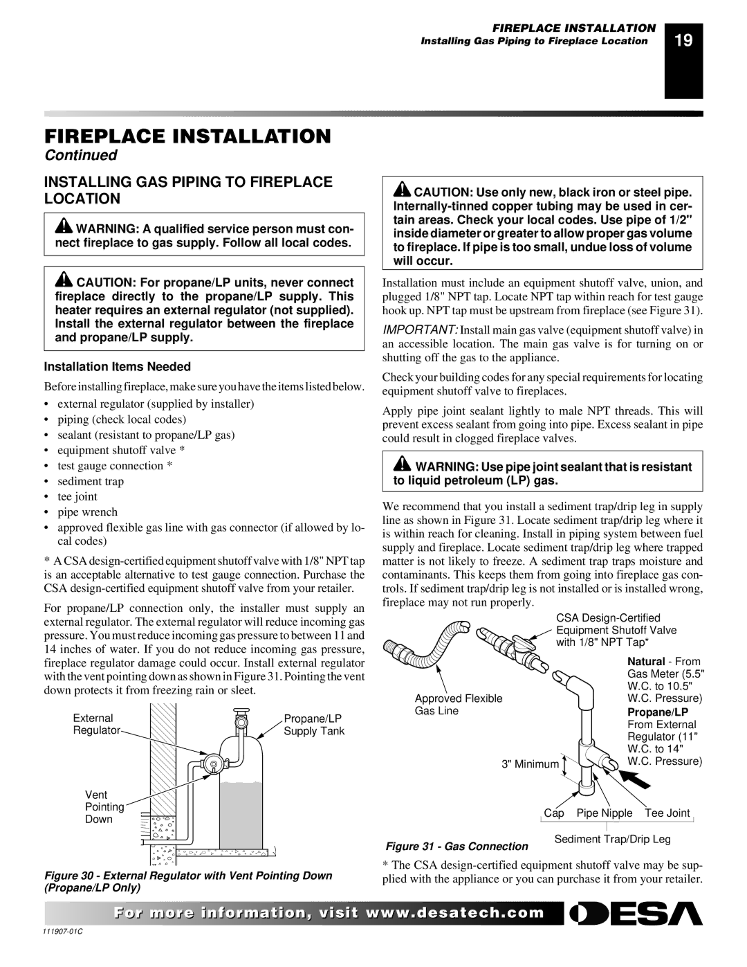 Desa (V)V42ENA(1) Series, (V)V42EPA(1) Series Installing GAS Piping to Fireplace Location, Installation Items Needed 