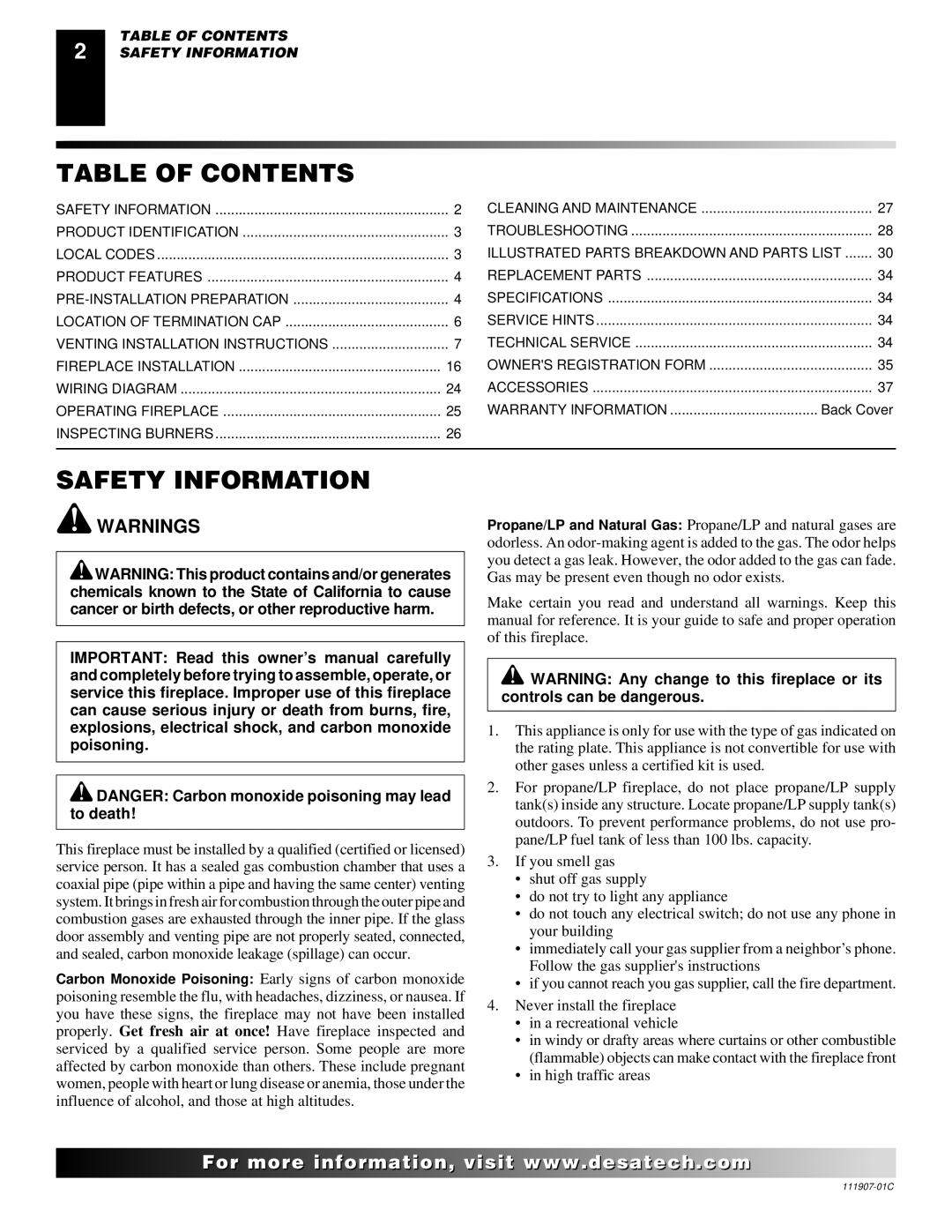 Desa (V)V42ENA(1) Series, (V)V42EPA(1) Series installation manual Table of Contents, Safety Information 