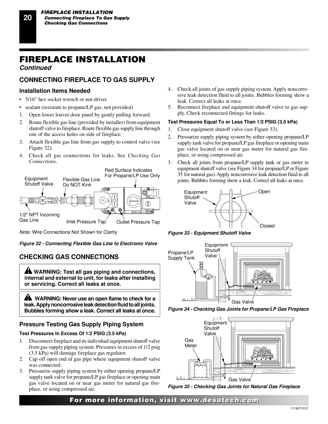 Desa (V)V42ENA(1) Series, (V)V42EPA(1) Series Connecting Fireplace to GAS Supply, Checking GAS Connections 