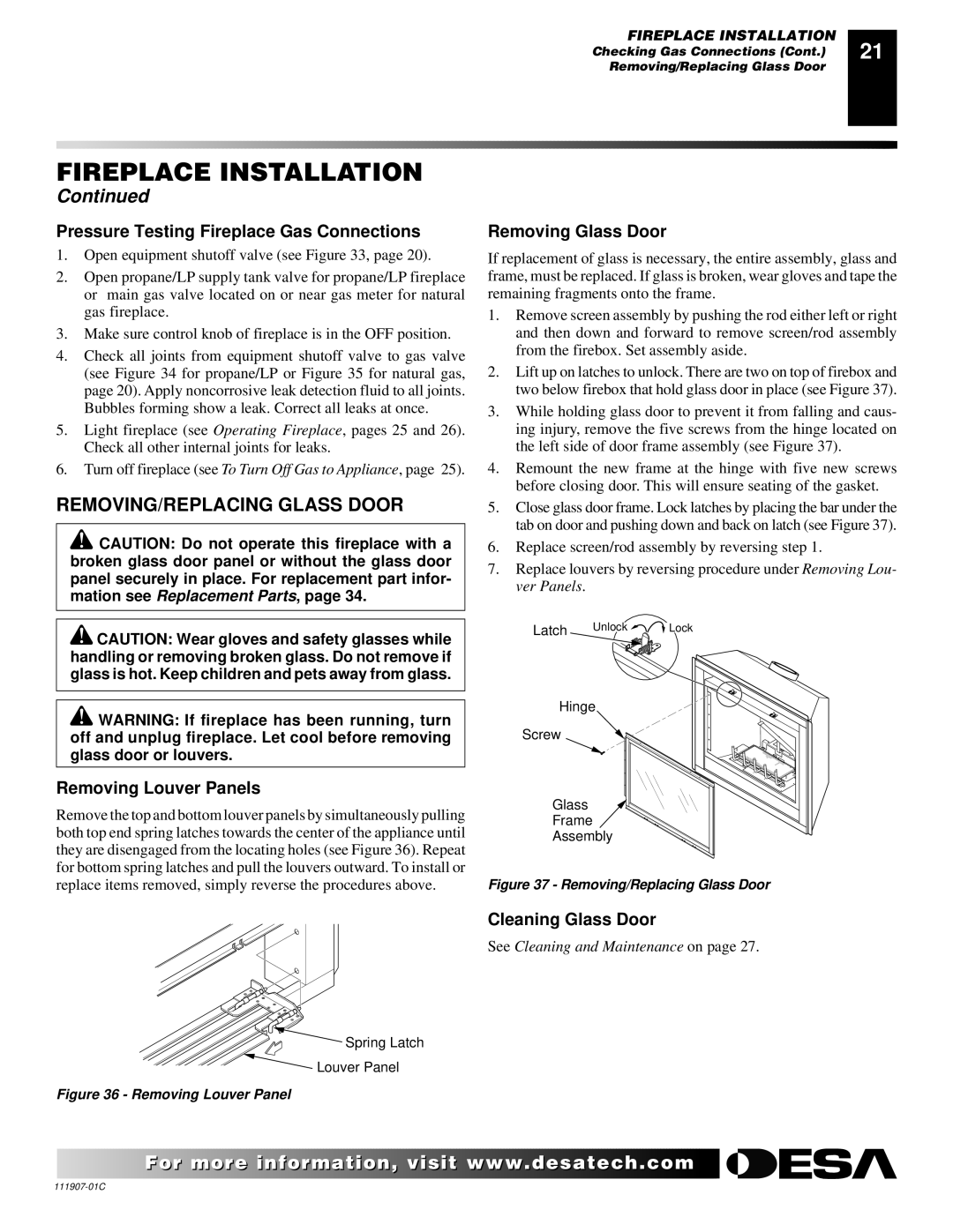 Desa (V)V42ENA(1) Series, (V)V42EPA(1) Series REMOVING/REPLACING Glass Door, Pressure Testing Fireplace Gas Connections 