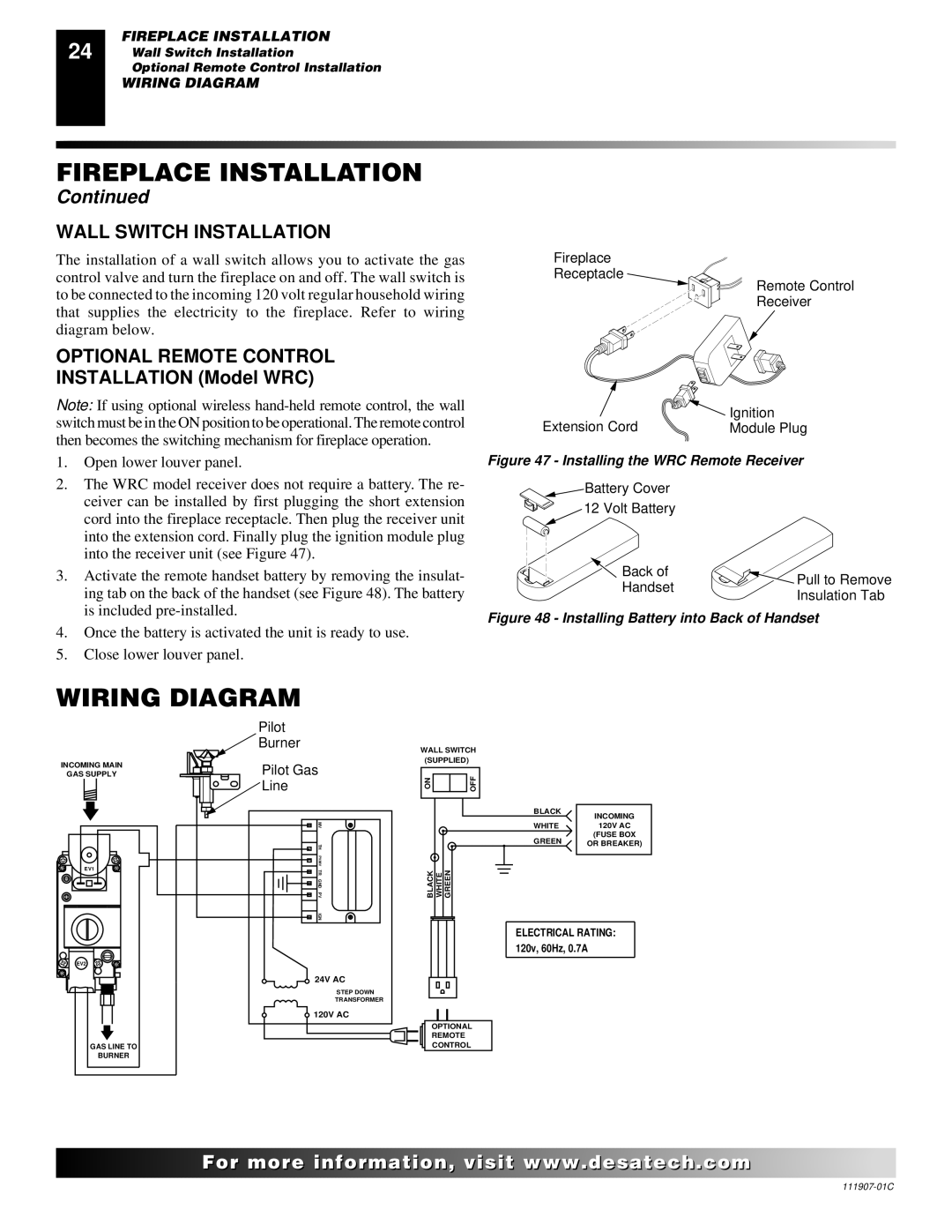 Desa (V)V42ENA(1) Series, (V)V42EPA(1) Series Wiring Diagram, Wall Switch Installation, Optional Remote Control 