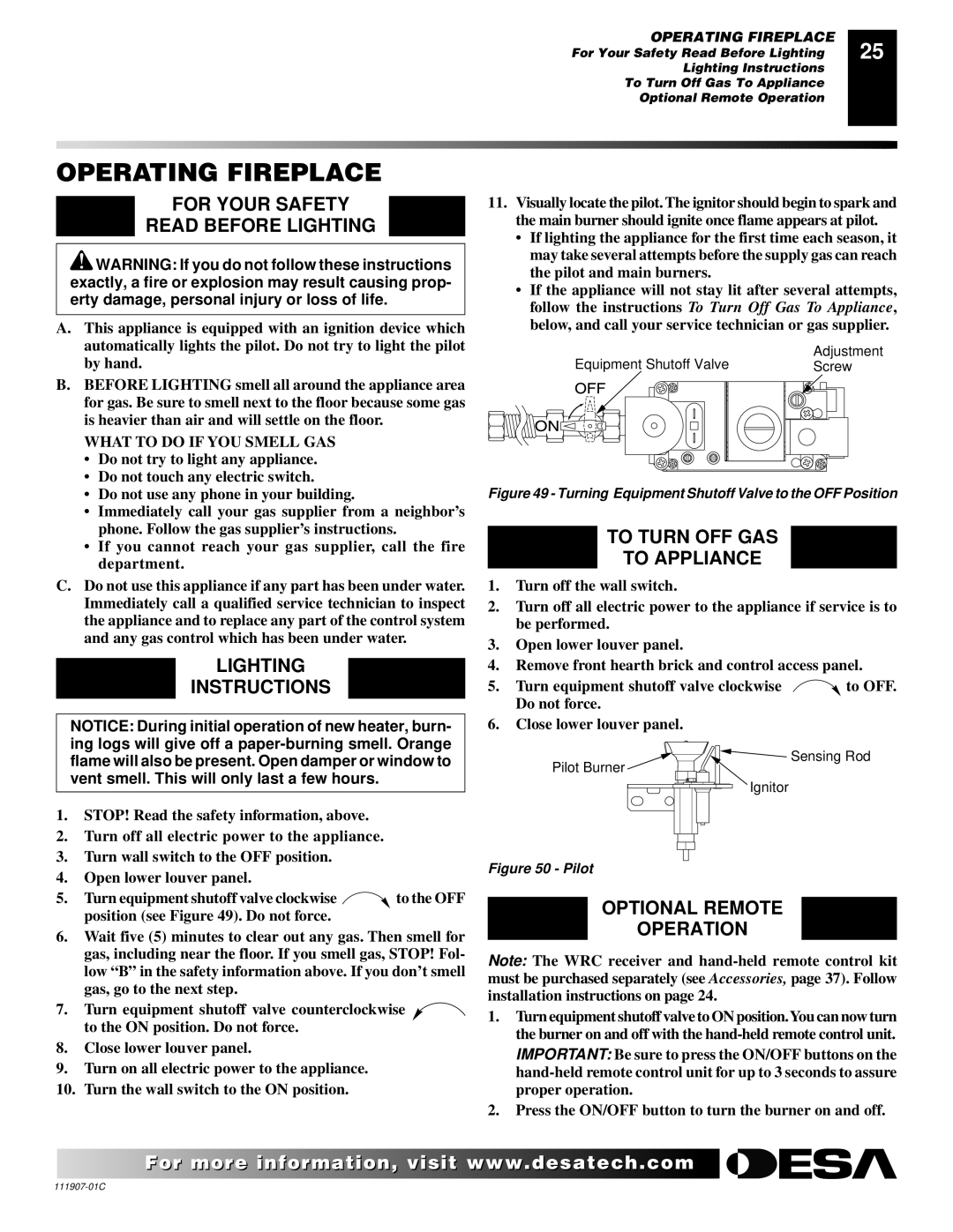 Desa (V)V42ENA(1) Series, (V)V42EPA(1) Series installation manual Operating Fireplace, For Your Safety Read Before Lighting 