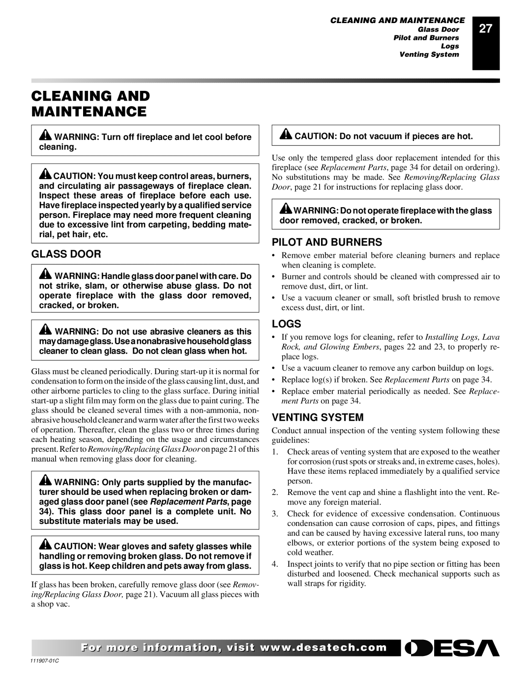 Desa (V)V42ENA(1) Series, (V)V42EPA(1) Series Cleaning Maintenance, Glass Door, Pilot and Burners, Logs, Venting System 