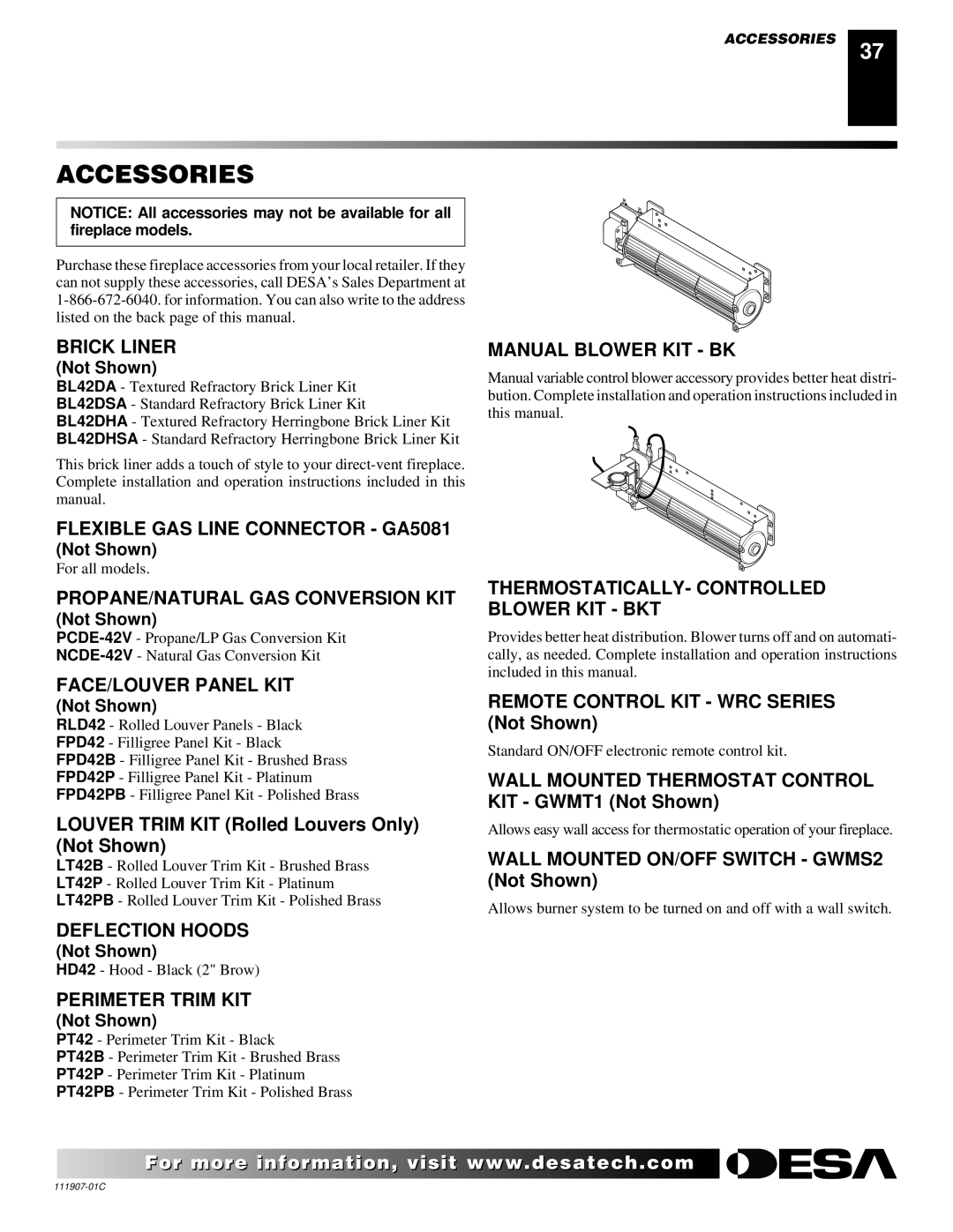 Desa (V)V42ENA(1) Series, (V)V42EPA(1) Series installation manual Accessories 