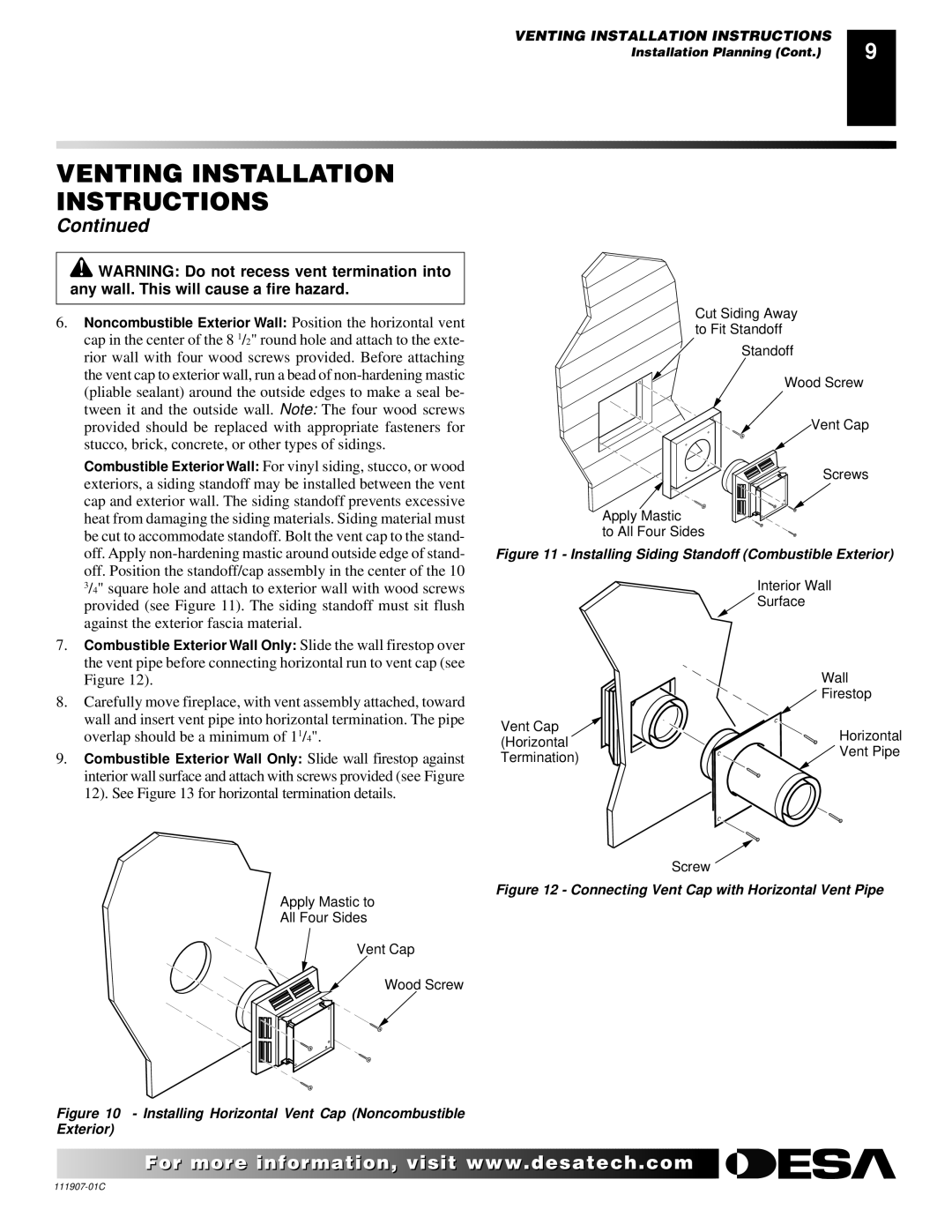 Desa (V)V42ENA(1) Series, (V)V42EPA(1) Series installation manual Installing Horizontal Vent Cap Noncombustible Exterior 