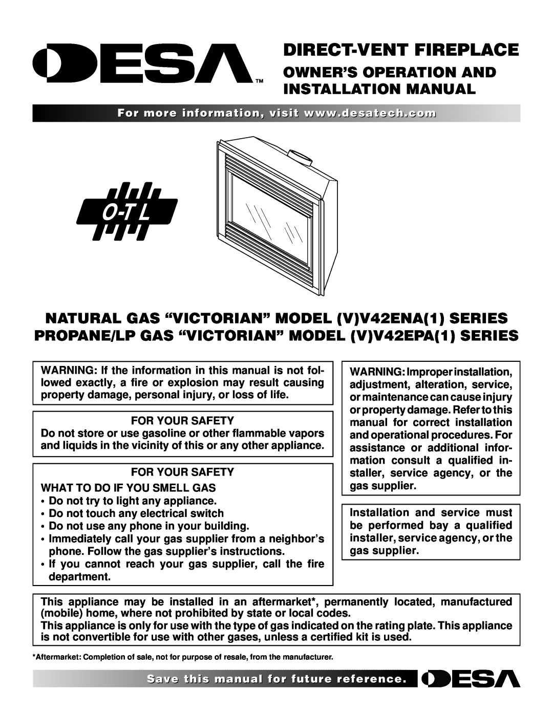Desa (V)V42EPA(1) installation manual Owner’S Operation And Installation Manual, For Your Safety, Direct-Ventfireplace 