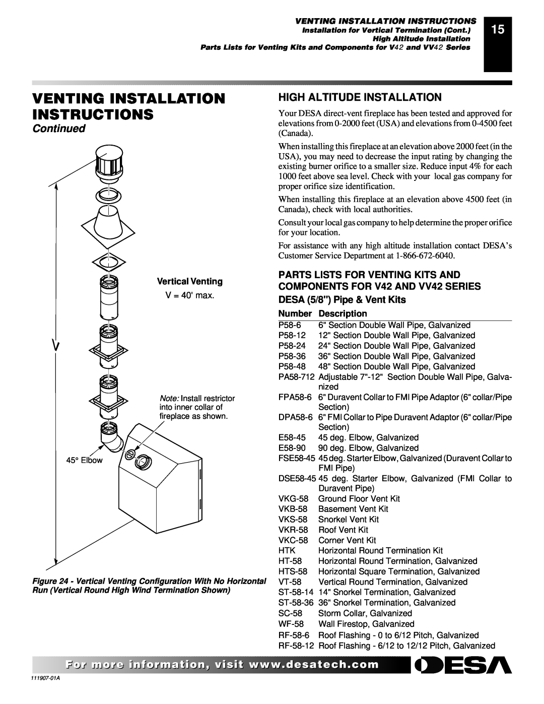 Desa (V)V42EPA(1), (V)V42ENA(1) High Altitude Installation, Venting Installation Instructions, Continued, Vertical Venting 