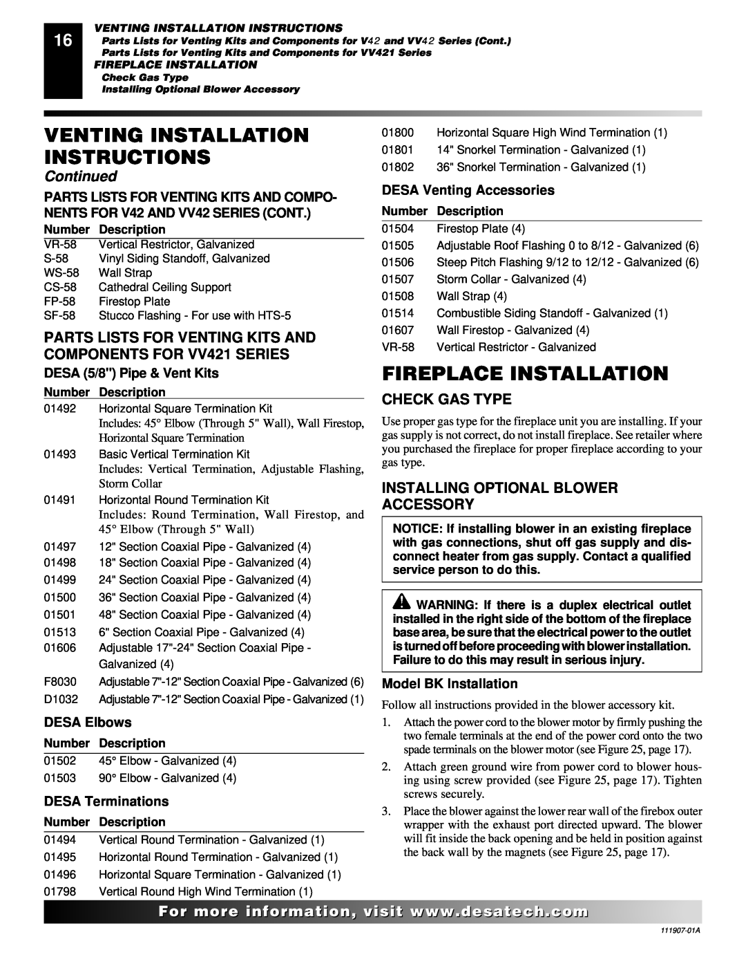 Desa (V)V42ENA(1) Fireplace Installation, Check Gas Type, Installing Optional Blower Accessory, DESA 5/8 Pipe & Vent Kits 