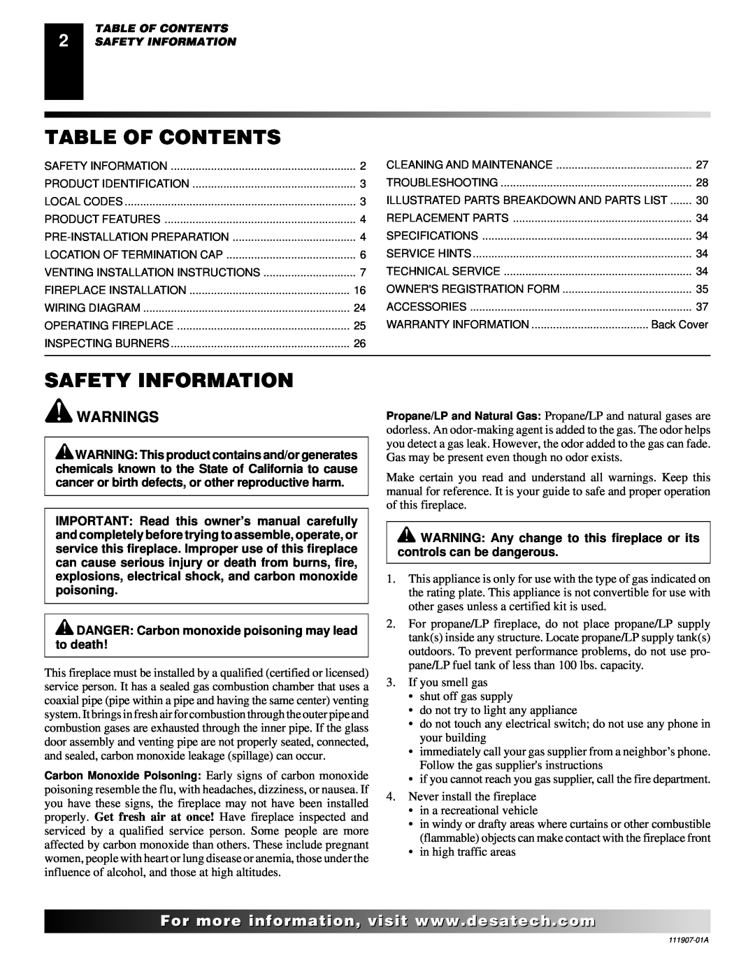 Desa (V)V42ENA(1), (V)V42EPA(1) installation manual Table Of Contents, Safety Information, Warnings 