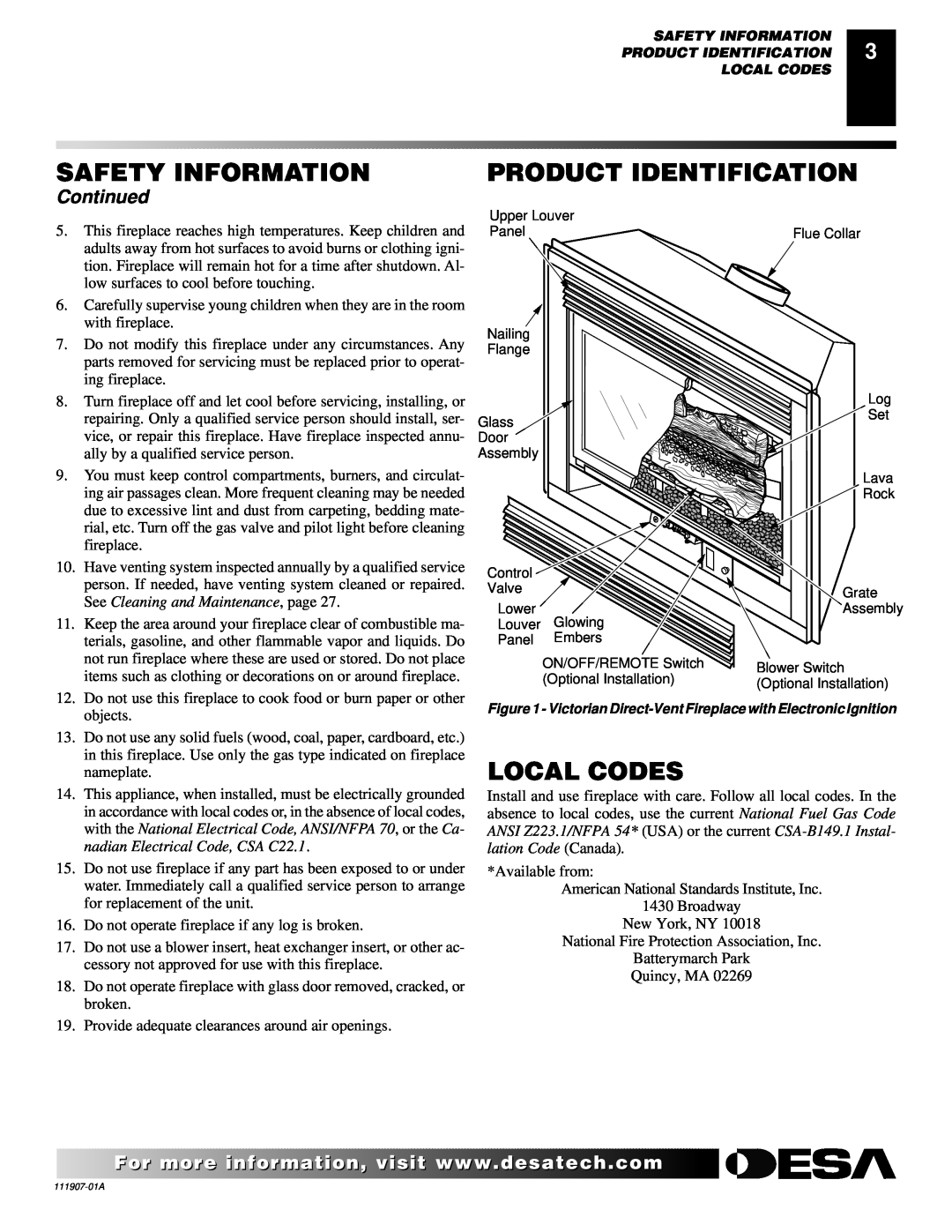 Desa (V)V42EPA(1), (V)V42ENA(1) installation manual Product Identification, Local Codes, Continued, Safety Information 