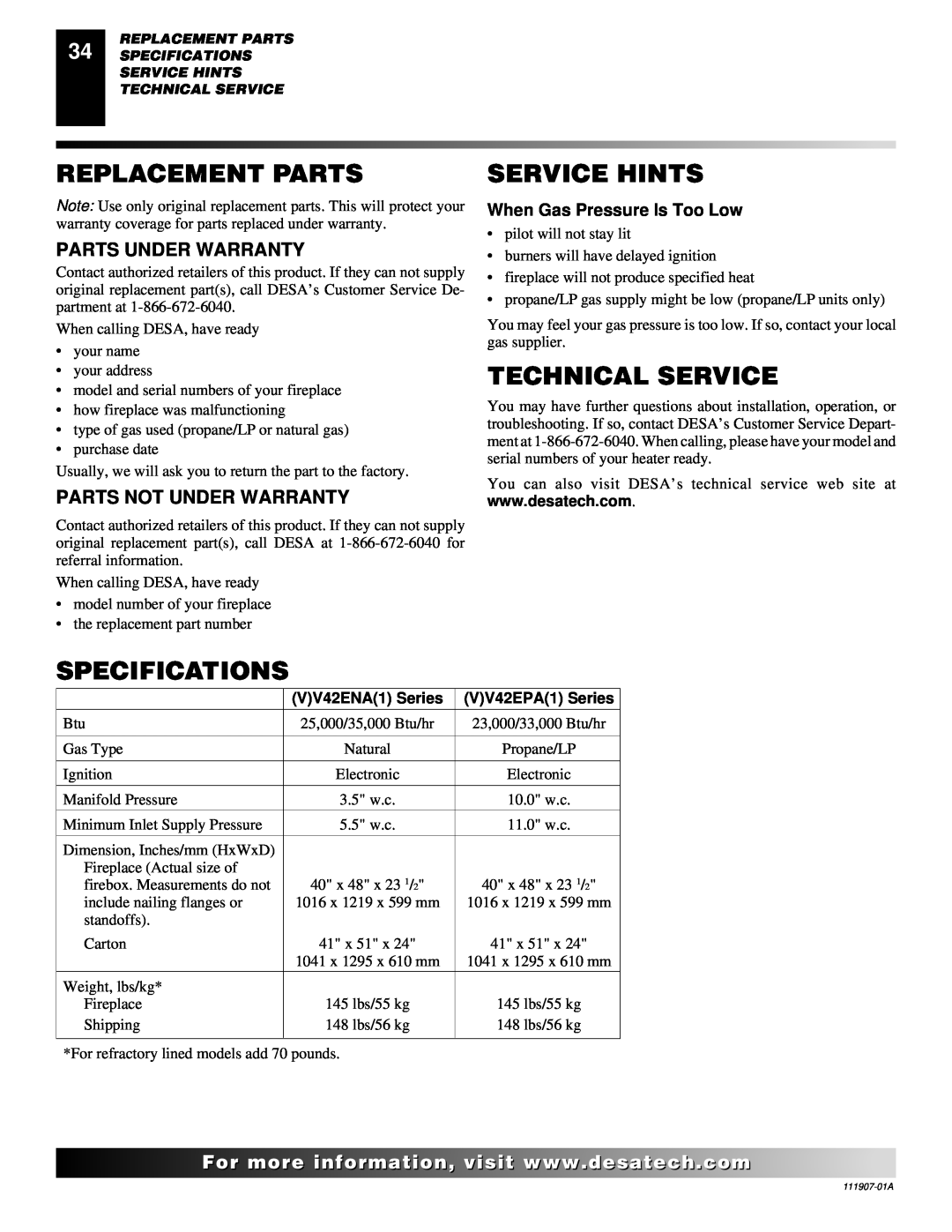Desa (V)V42ENA(1), (V)V42EPA(1) Replacement Parts, Service Hints, Technical Service, Specifications, Parts Under Warranty 