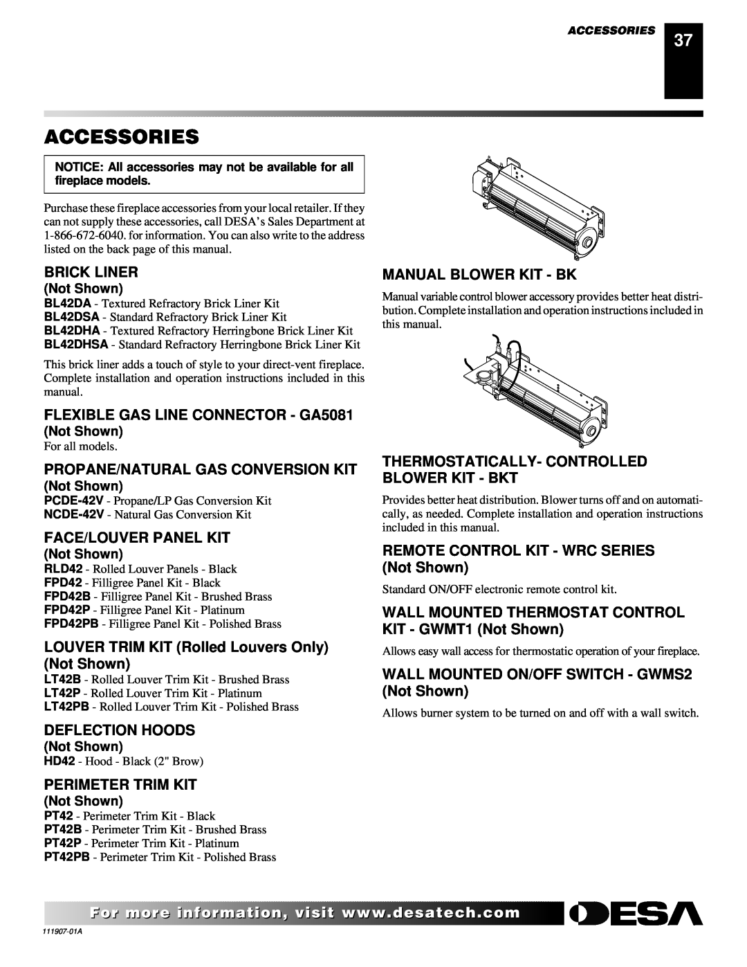Desa (V)V42EPA(1) Accessories, Brick Liner, FLEXIBLE GAS LINE CONNECTOR - GA5081, Propane/Natural Gas Conversion Kit 