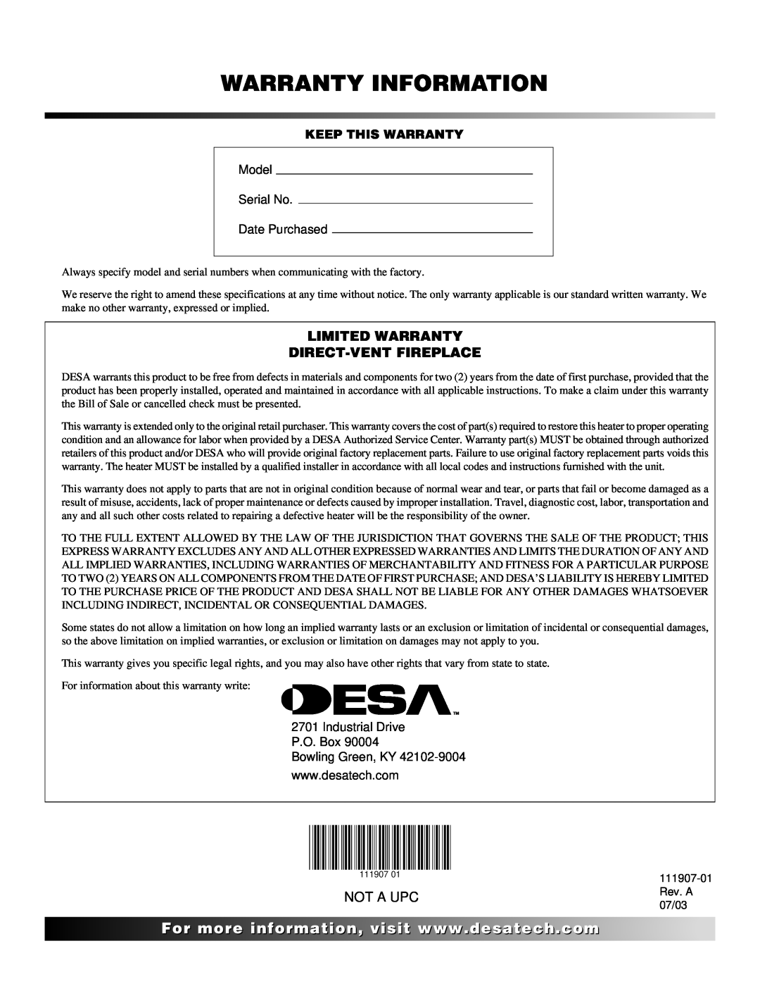 Desa (V)V42ENA(1), (V)V42EPA(1) installation manual Limited Warranty Direct-Ventfireplace, Not A Upc, Warranty Information 