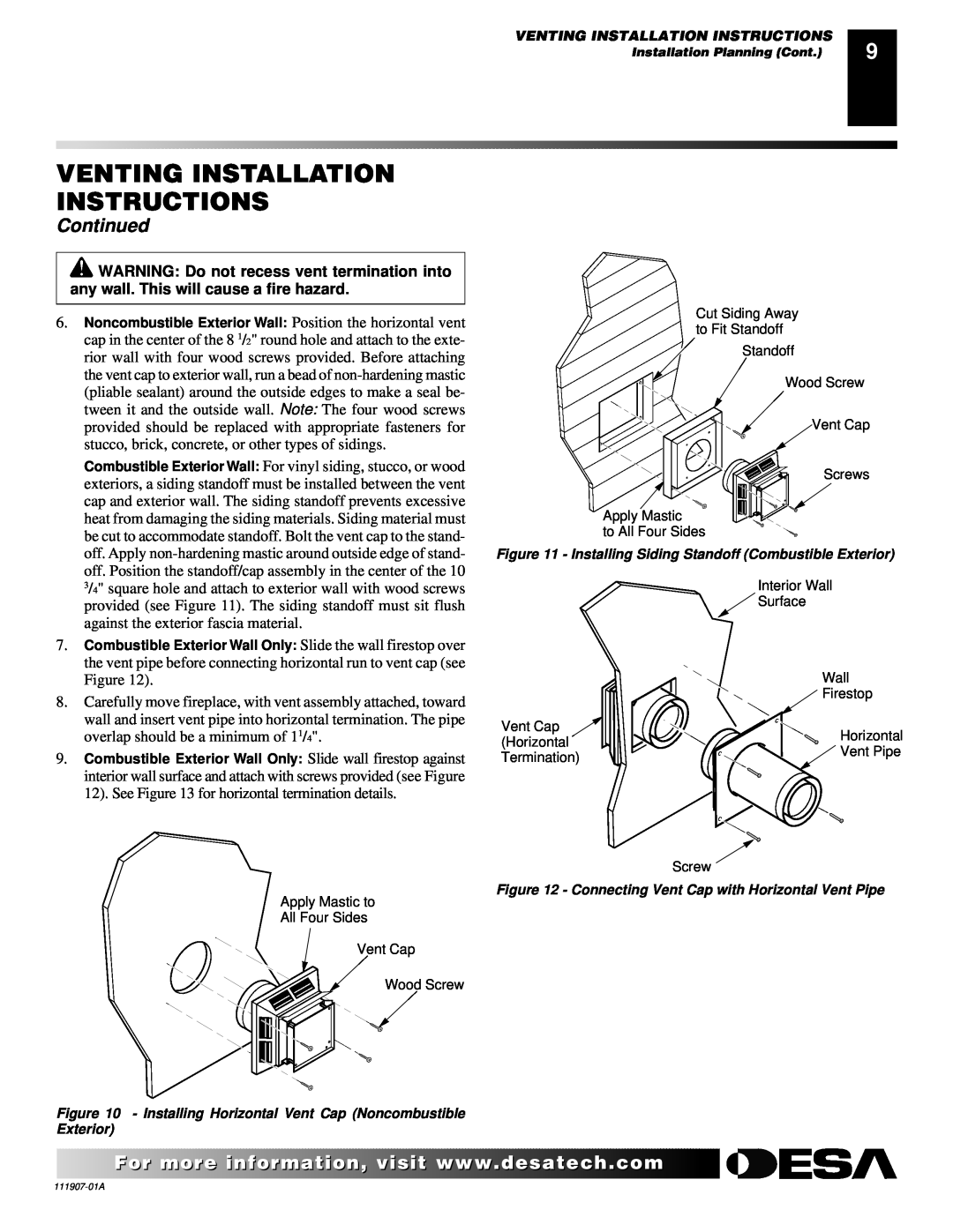 Desa (V)V42EPA(1), (V)V42ENA(1) installation manual Venting Installation Instructions, Continued 