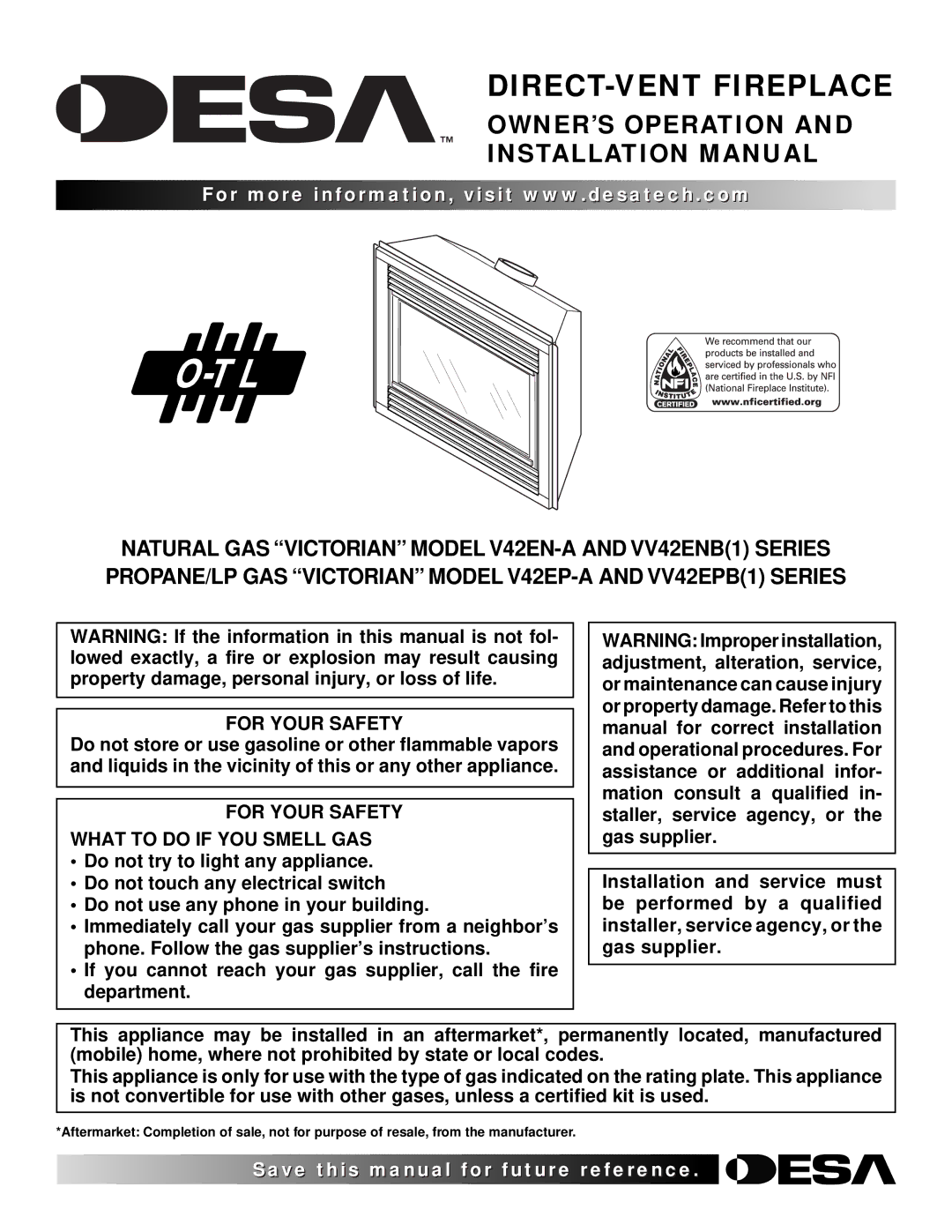 Desa VV42EPB(1), VV42ENB(1), V42EN-A, V42EP-A installation manual OWNER’S Operation Installation Manual, For Your Safety 