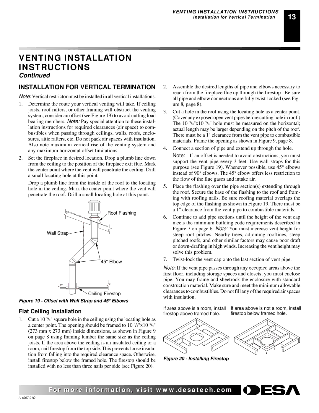 Desa VV42EPB(1), VV42ENB(1), V42EN-A, V42EP-A Installation for Vertical Termination, Flat Ceiling Installation 