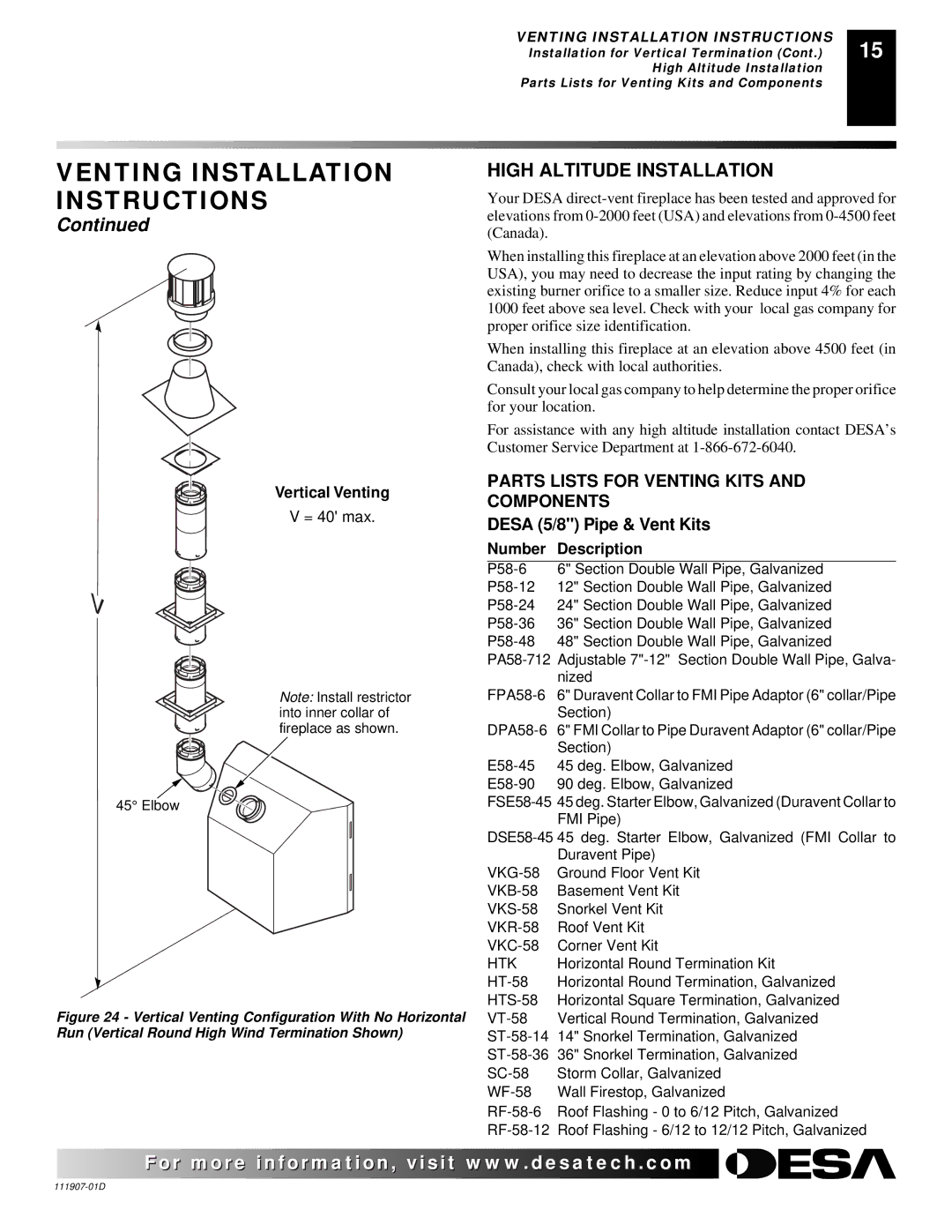 Desa V42EP-A, VV42ENB(1), VV42EPB(1), V42EN-A installation manual High Altitude Installation, Desa 5/8 Pipe & Vent Kits 