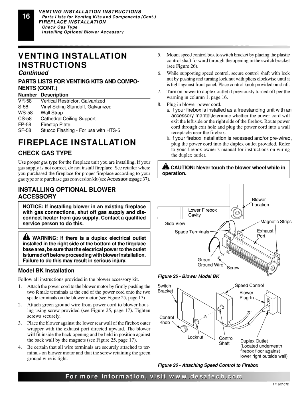 Desa VV42ENB(1) Fireplace Installation, Check GAS Type, Installing Optional Blower Accessory, Model BK Installation 