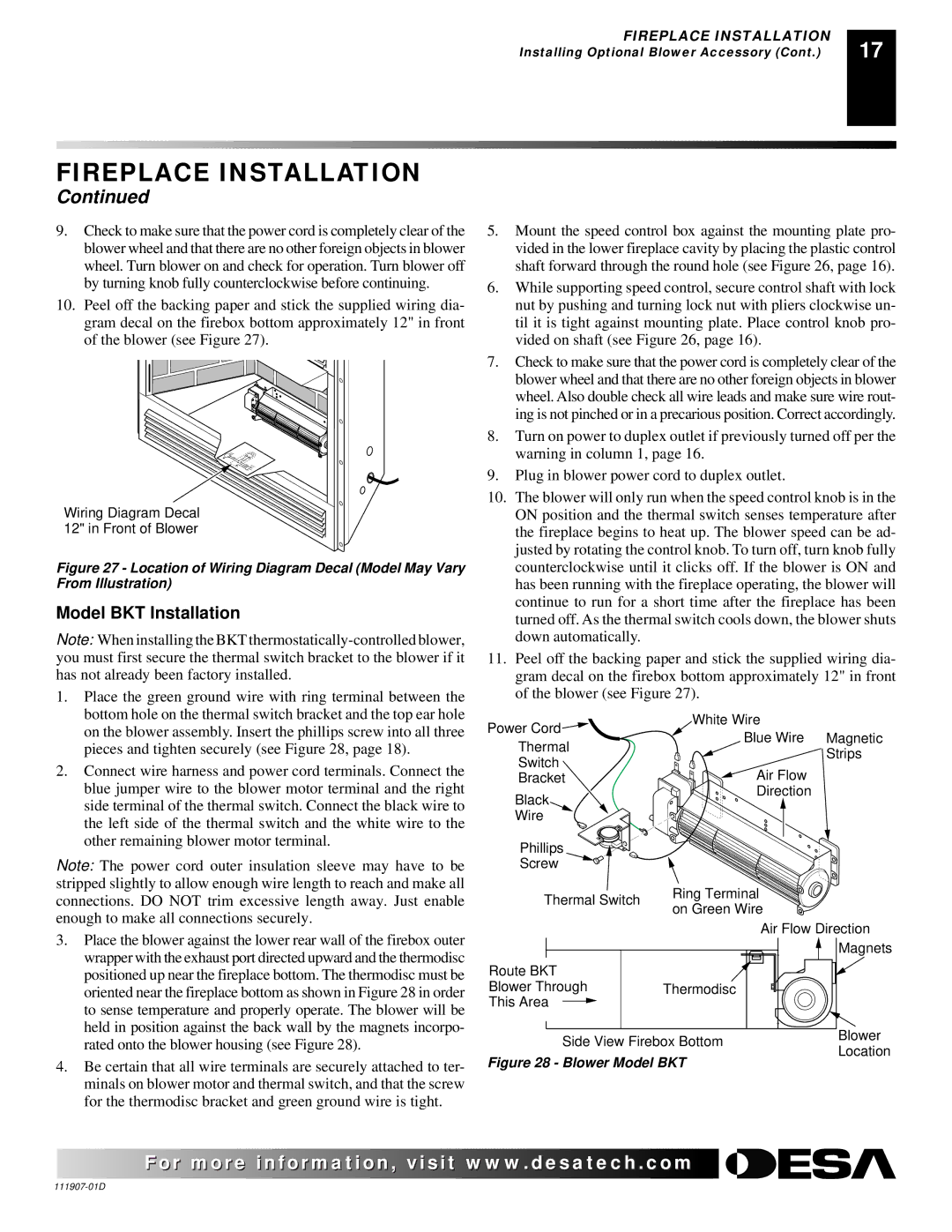 Desa VV42EPB(1), VV42ENB(1), V42EN-A, V42EP-A installation manual Model BKT Installation, Blower Model BKT 