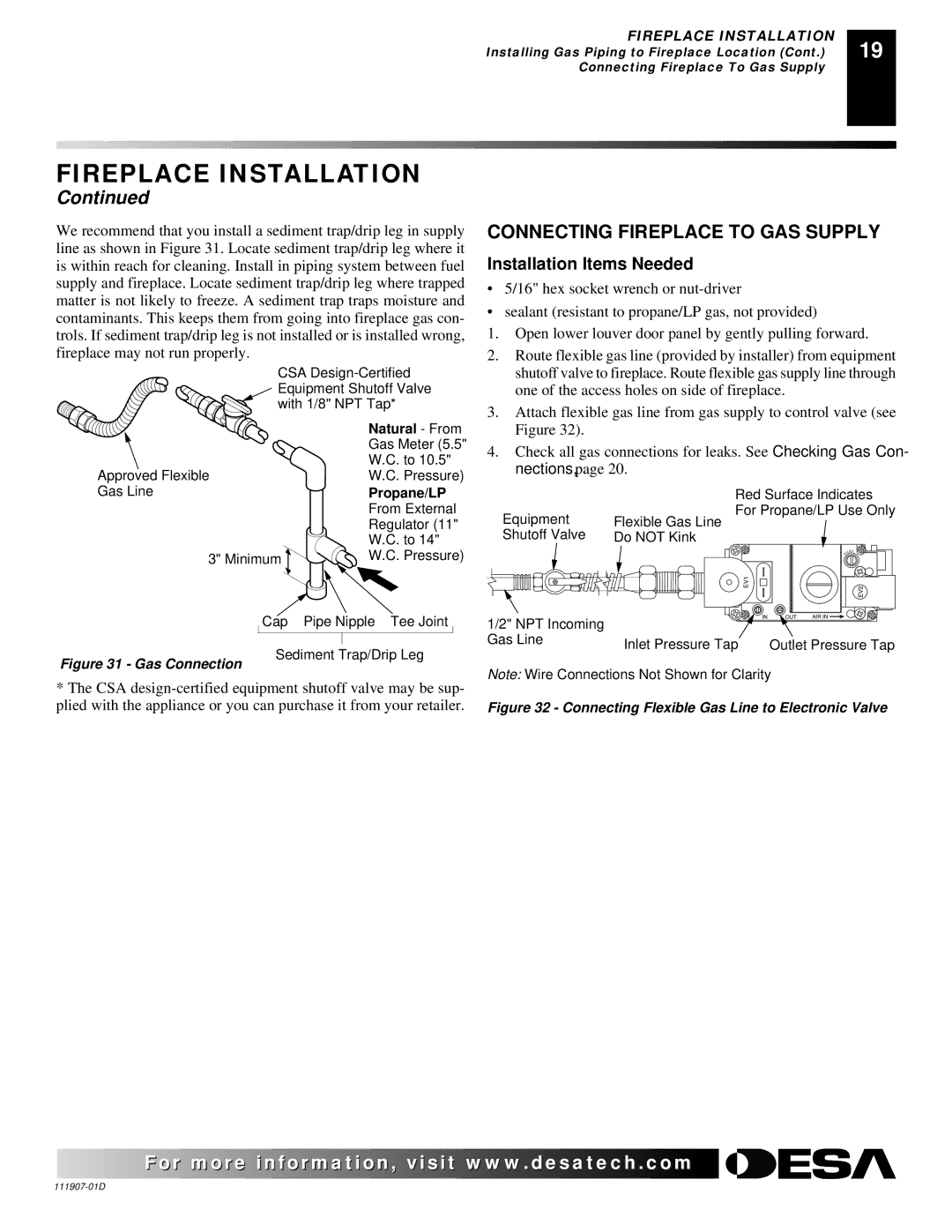 Desa V42EP-A, VV42ENB(1), VV42EPB(1), V42EN-A installation manual Connecting Fireplace to GAS Supply, Nections 