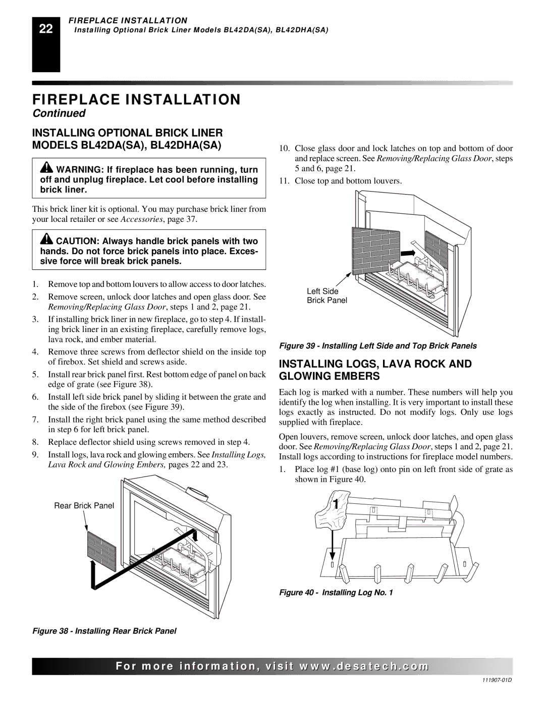 Desa V42EN-A Installing Optional Brick Liner Models BL42DASA, BL42DHASA, Installing LOGS, Lava Rock and Glowing Embers 