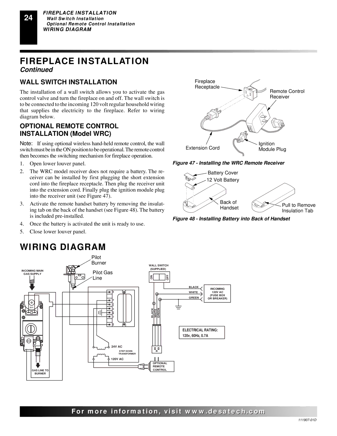 Desa VV42ENB(1), VV42EPB(1), V42EN-A, V42EP-A Wiring Diagram, Wall Switch Installation, Optional Remote Control 