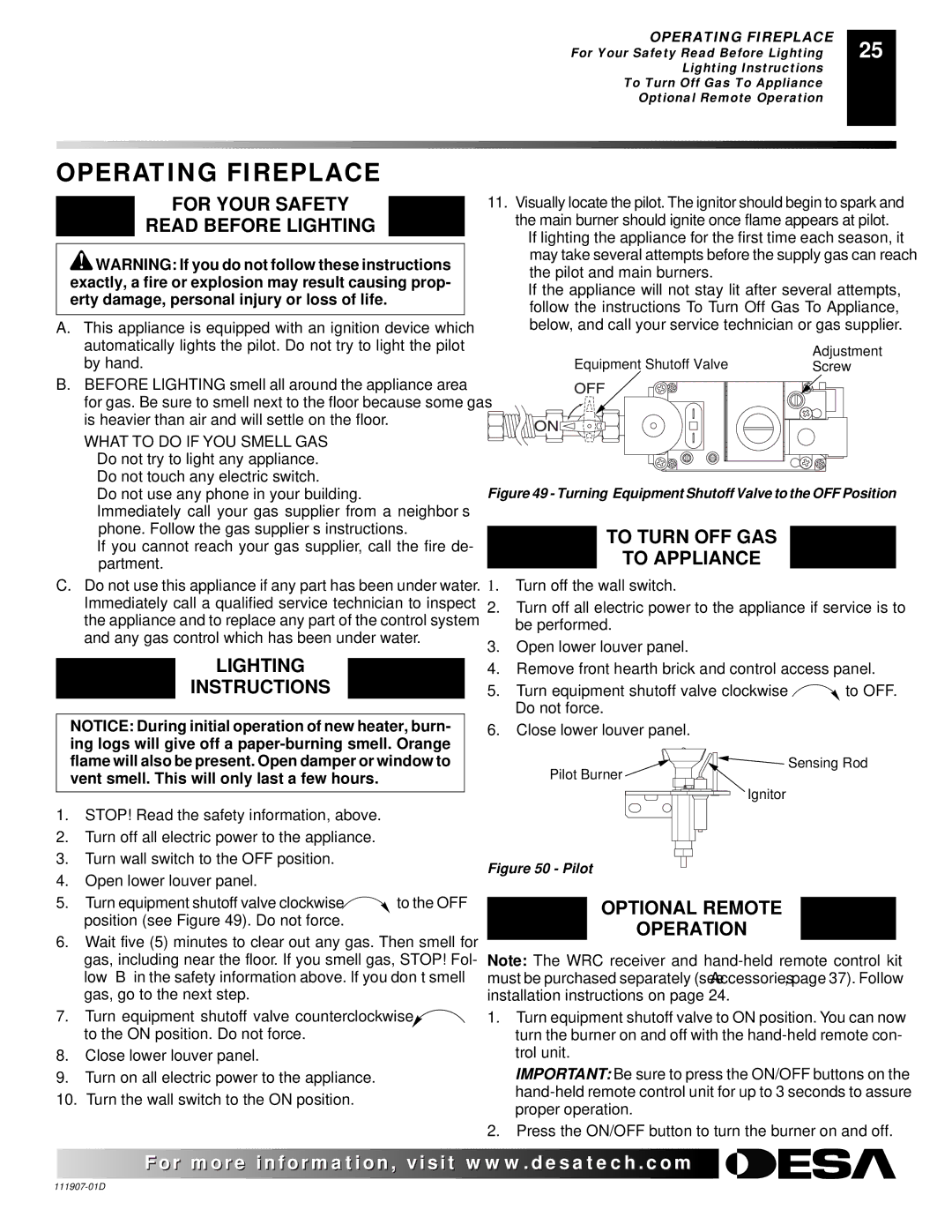 Desa VV42EPB(1), VV42ENB(1), V42EN-A Operating Fireplace, For Your Safety Read Before Lighting, Lighting Instructions 