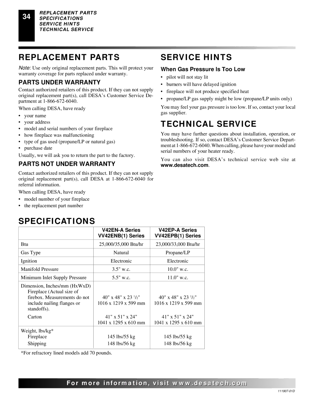 Desa V42EN-A, VV42ENB(1), VV42EPB(1), V42EP-A Replacement Parts, Service Hints, Technical Service, Specifications 