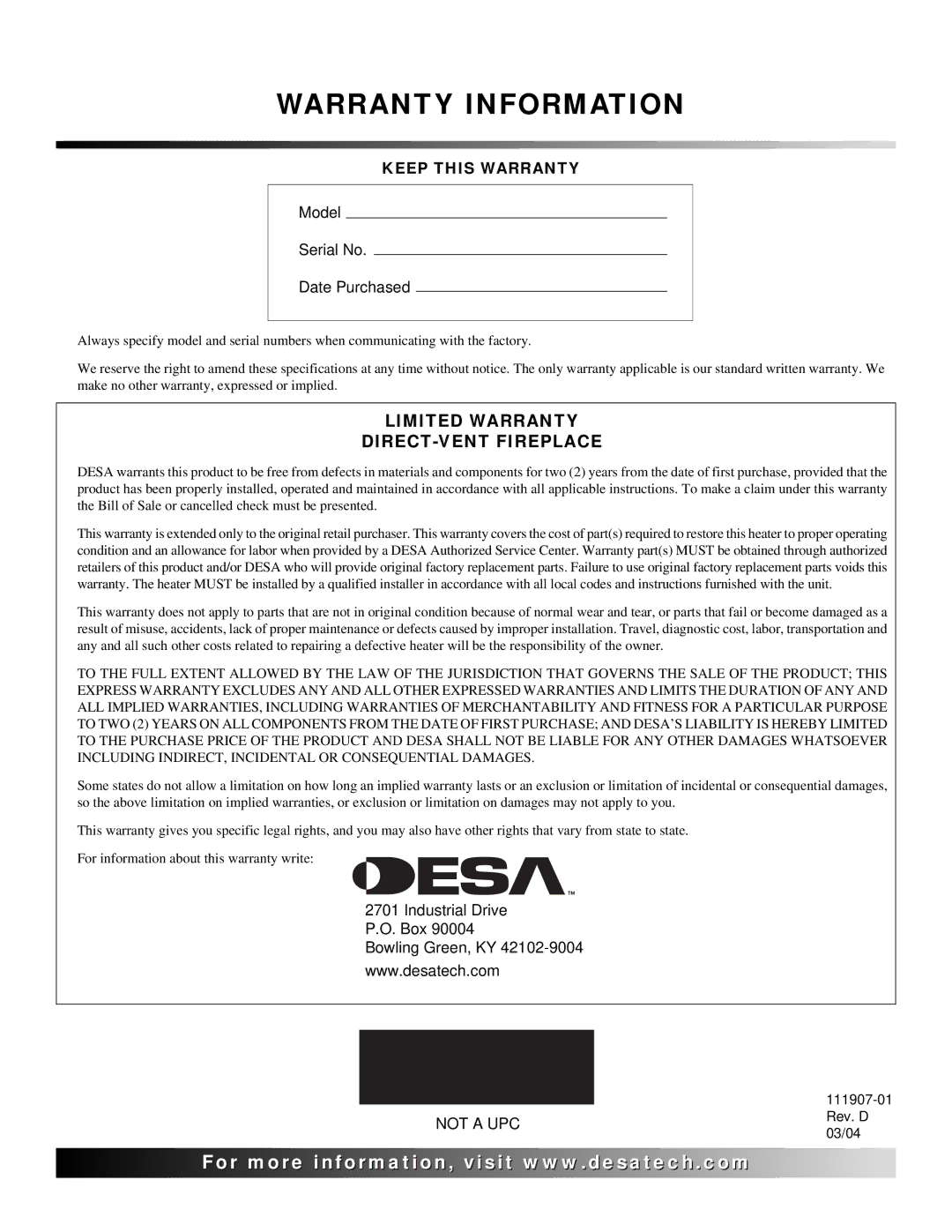 Desa V42EN-A, VV42ENB(1), VV42EPB(1), V42EP-A installation manual Warranty Information 