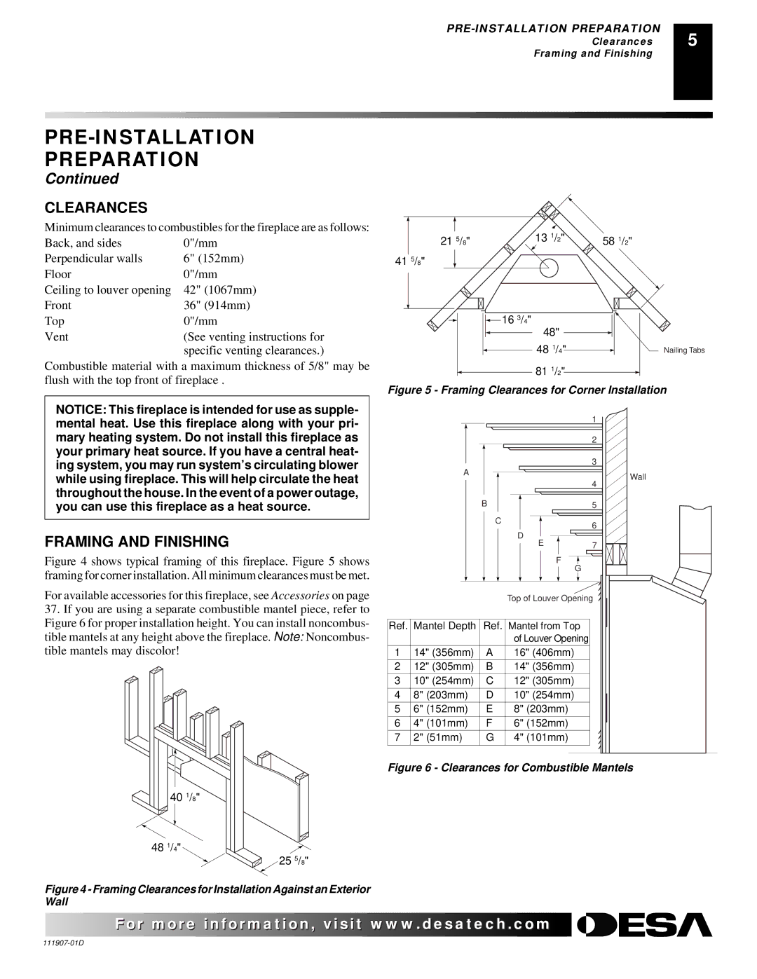 Desa VV42EPB(1), VV42ENB(1), V42EN-A, V42EP-A installation manual Clearances, Framing and Finishing 