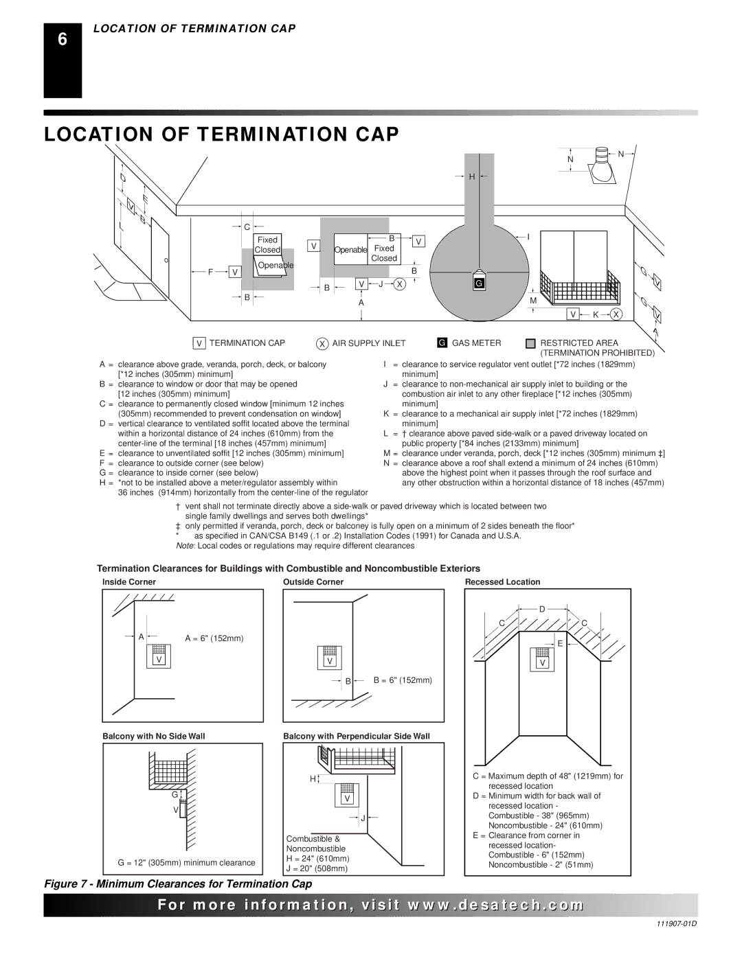 Desa V42EN-A, VV42ENB(1), VV42EPB(1), V42EP-A Location of Termination CAP, Balcony with Perpendicular Side Wall 