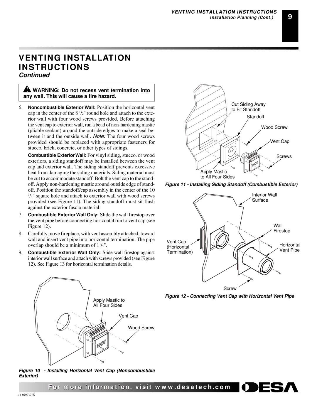 Desa VV42EPB(1), VV42ENB(1), V42EN-A, V42EP-A installation manual Installing Horizontal Vent Cap Noncombustible Exterior 