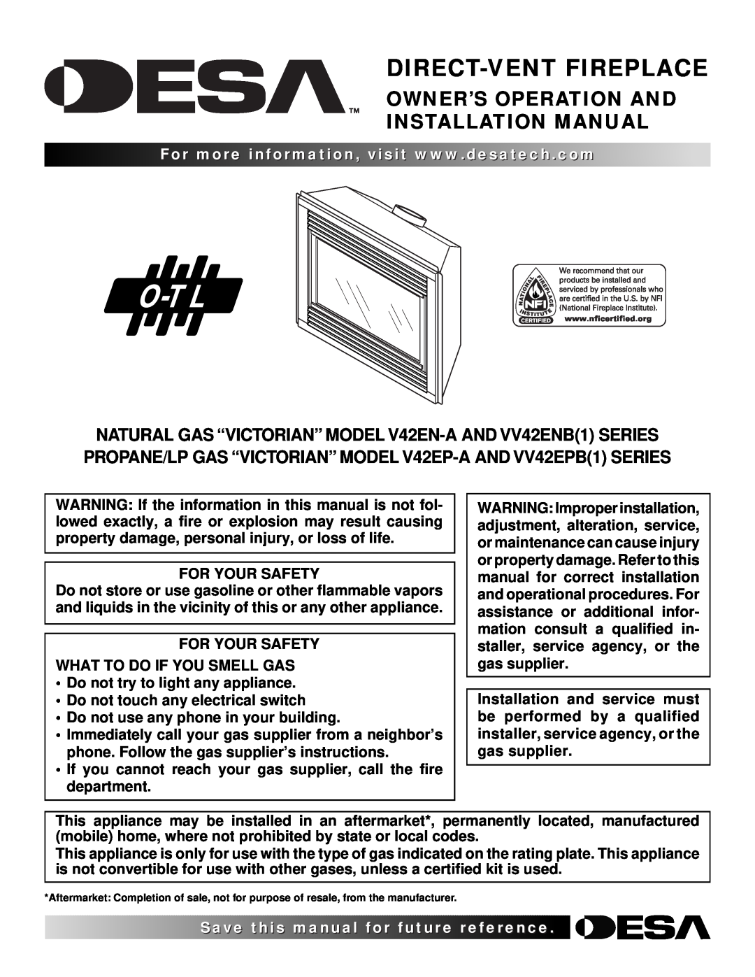 Desa VV42EPB(1) installation manual Owner’S Operation And Installation Manual, Forvisit..com, Direct-Ventfireplace 