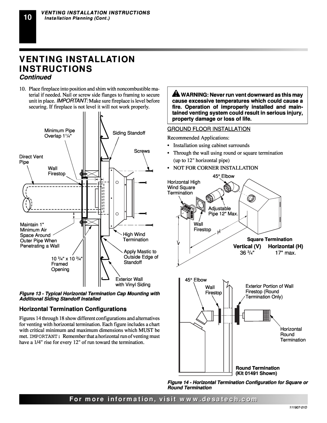 Desa V42EN-A, VV42ENB(1) Venting Installation Instructions, Continued, For..com, Horizontal Termination Configurations 