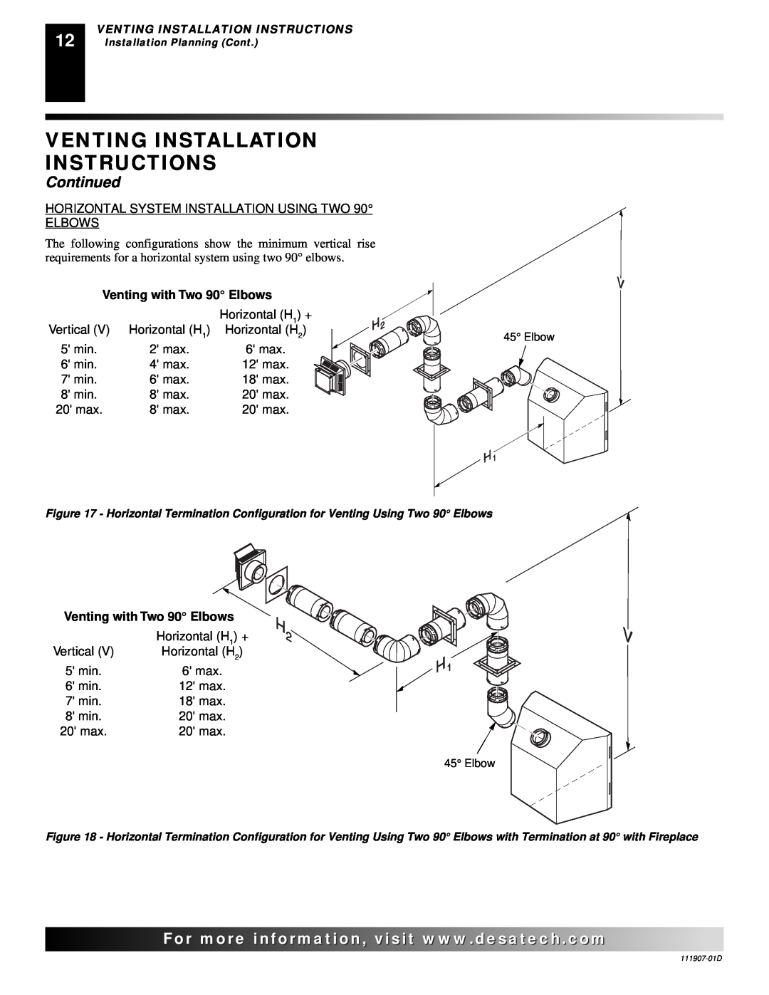 Desa VV42ENB(1), VV42EPB(1), V42EN-A Venting Installation Instructions, Continued, For..com, Venting with Two 90 Elbows 