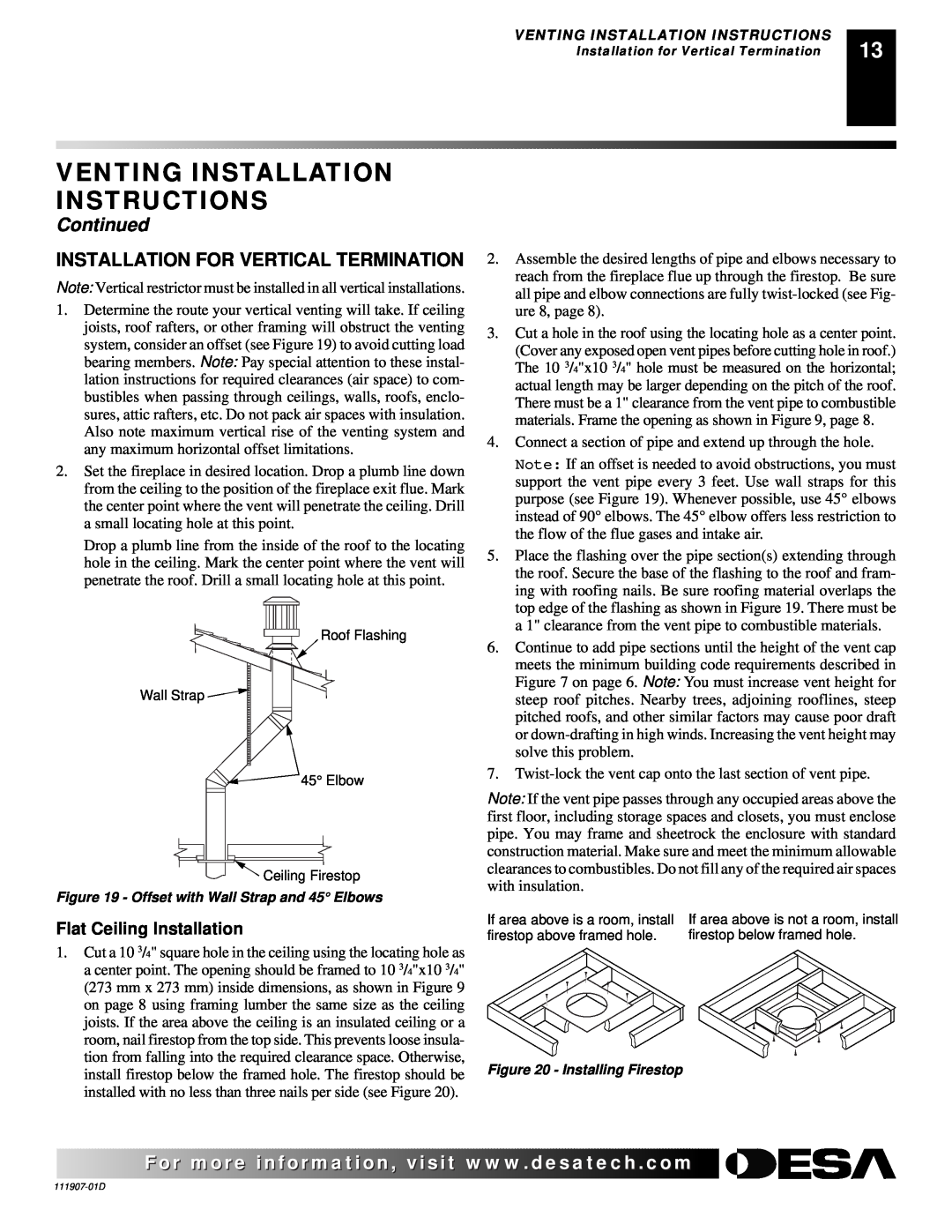 Desa VV42EPB(1), VV42ENB(1), V42EN-A Venting Installation Instructions, Continued, Installation For Vertical Termination 