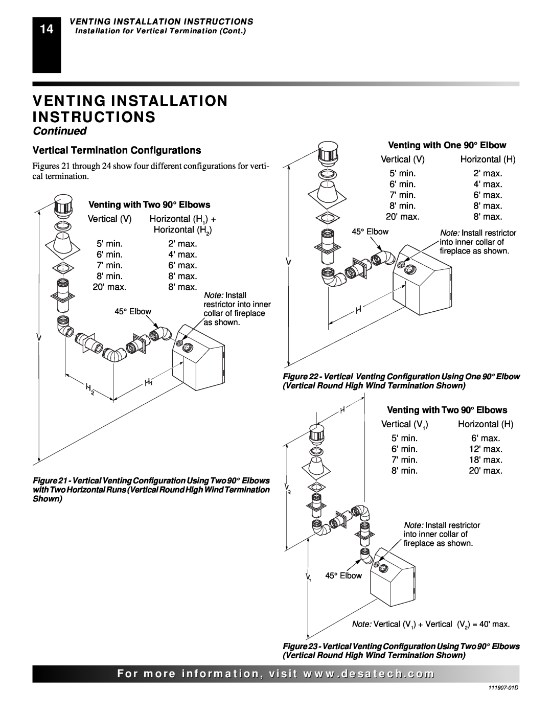 Desa V42EN-A, VV42ENB(1) Venting Installation Instructions, Continued, For..com, Vertical Termination Configurations 