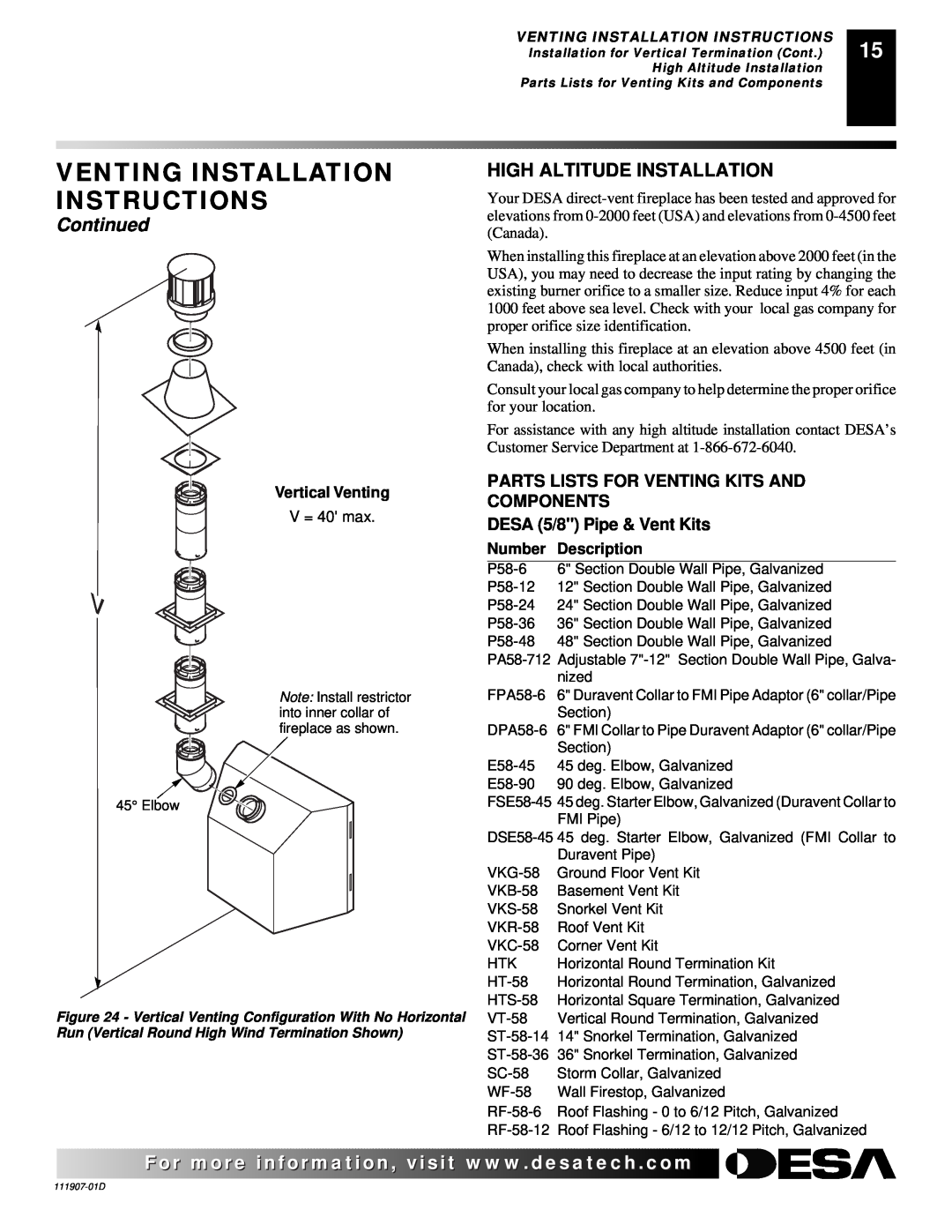 Desa V42EP-A, VV42ENB(1), V42EN-A Venting Installation Instructions, Continued, Parts Lists For Venting Kits And Components 