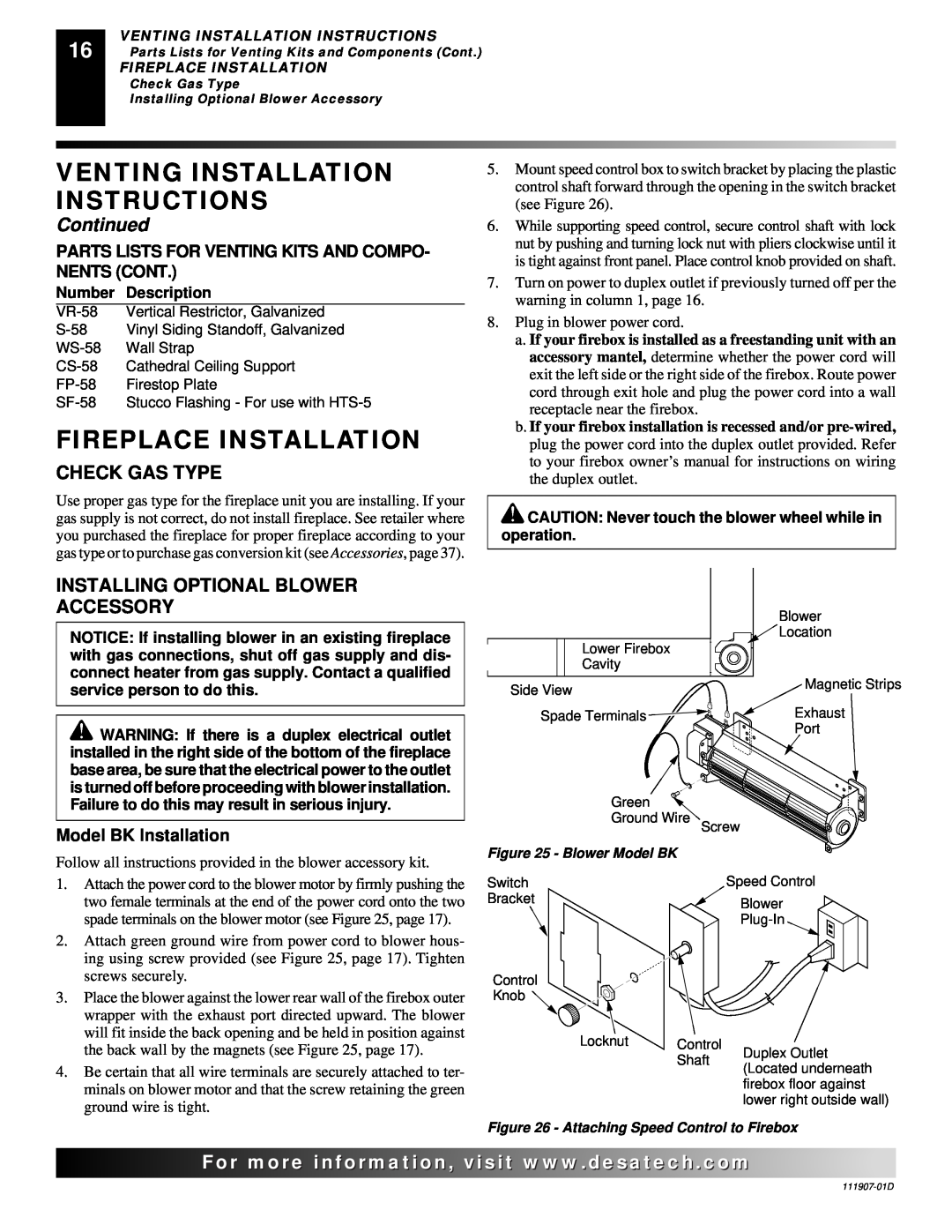 Desa VV42ENB(1) Fireplace Installation, Venting Installation Instructions, Continued, For..com, Model BK Installation 