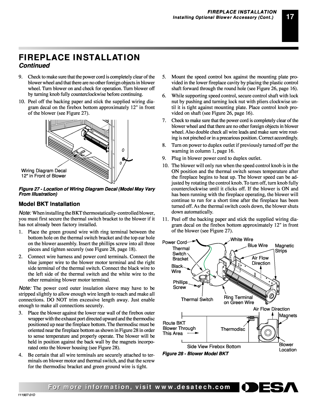 Desa VV42EPB(1), VV42ENB(1), V42EN-A, V42EP-A installation manual Fireplace Installation, Continued, Model BKT Installation 