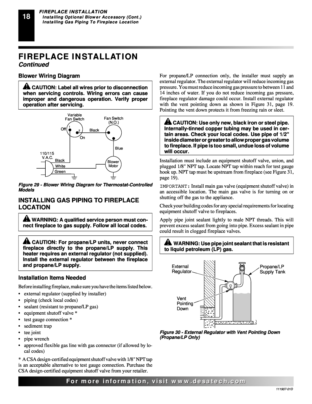 Desa V42EN-A, VV42ENB(1) Fireplace Installation, Continued, For..com, Blower Wiring Diagram, Installation Items Needed 