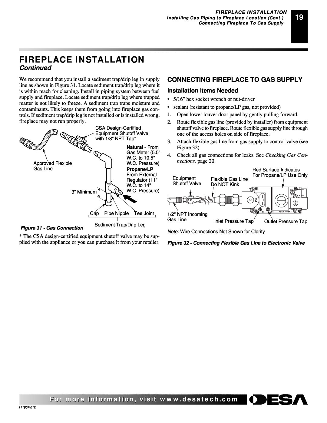 Desa V42EP-A, VV42ENB(1), VV42EPB(1), V42EN-A Fireplace Installation, Continued, Installation Items Needed, nections, page 