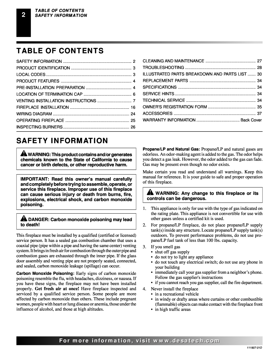 Desa V42EN-A, VV42ENB(1), VV42EPB(1), V42EP-A installation manual Table Of Contents, Safety Information, For..com 