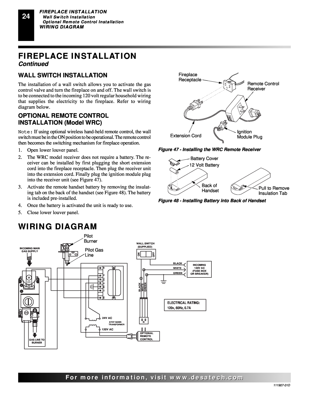 Desa VV42ENB(1), VV42EPB(1), V42EN-A Wiring Diagram, Fireplace Installation, Continued, Wall Switch Installation, For..com 