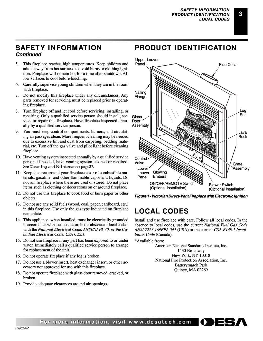 Desa V42EP-A, VV42ENB(1), VV42EPB(1), V42EN-A Product Identification, Local Codes, Continued, Safety Information 