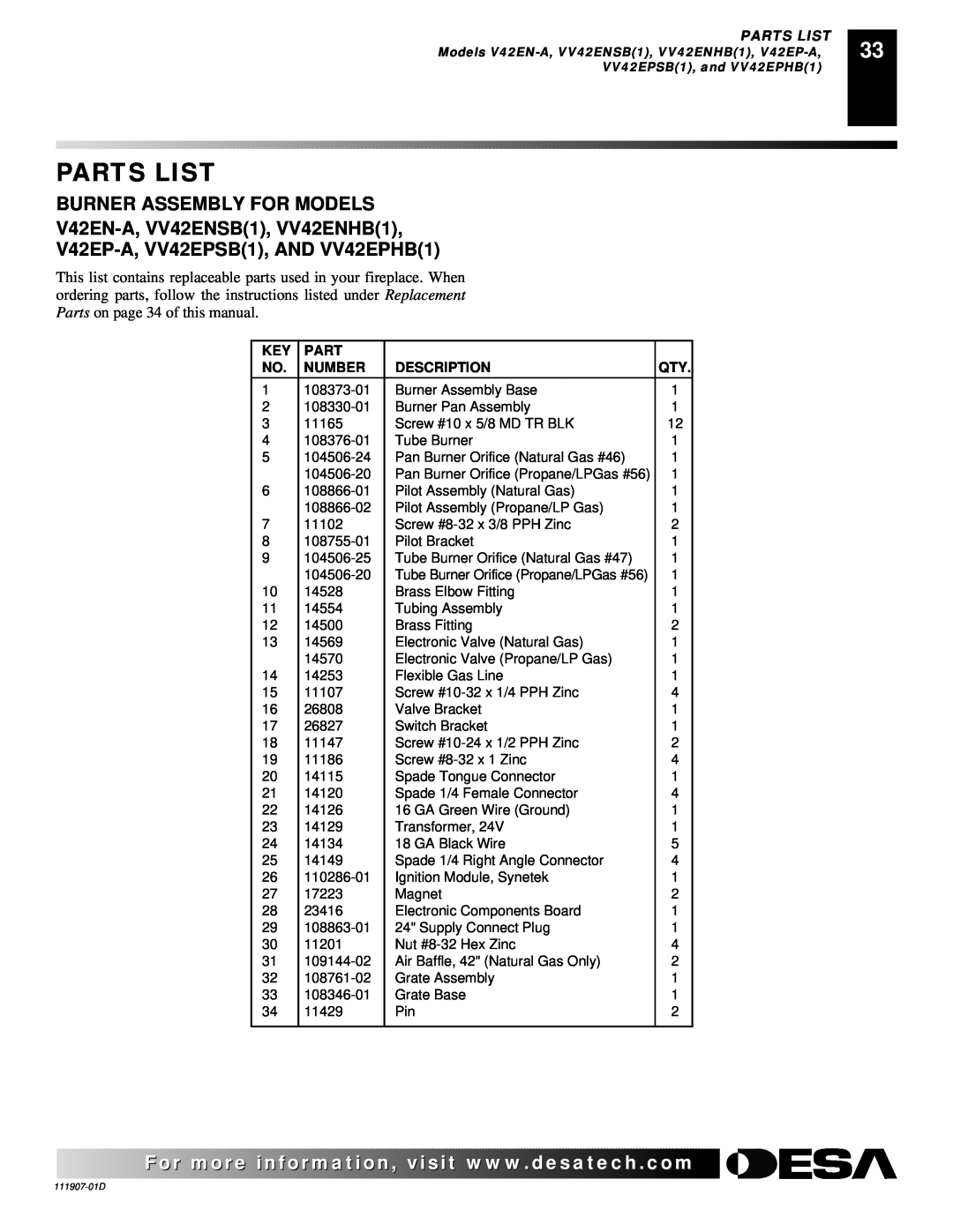 Desa VV42EPB(1) Parts List, Burner Assembly For Models, V42EN-A,VV42ENSB1, VV42ENHB1, V42EP-A,VV42EPSB1, AND VV42EPHB1 