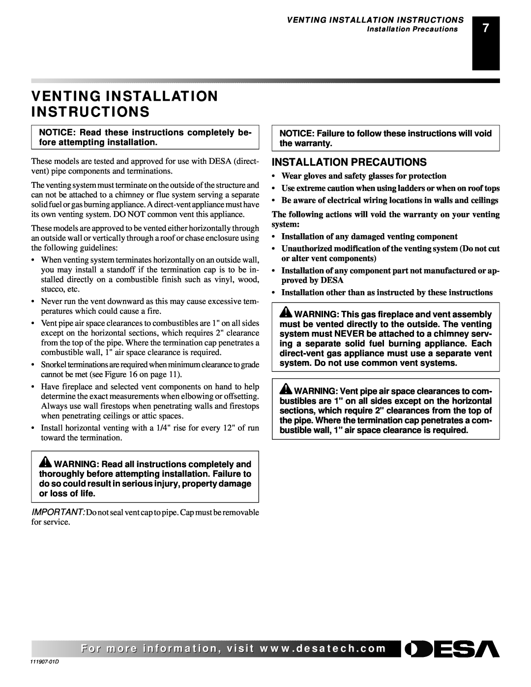 Desa V42EP-A, VV42ENB(1), VV42EPB(1), V42EN-A installation manual Venting Installation Instructions, Installation Precautions 