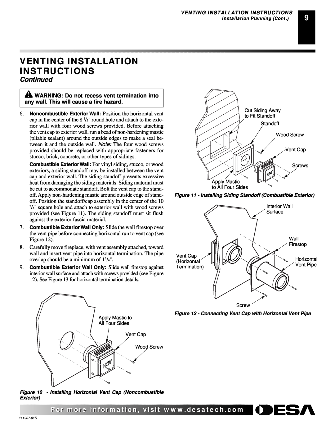 Desa VV42EPB(1), VV42ENB(1), V42EN-A, V42EP-A installation manual Venting Installation Instructions, Continued 