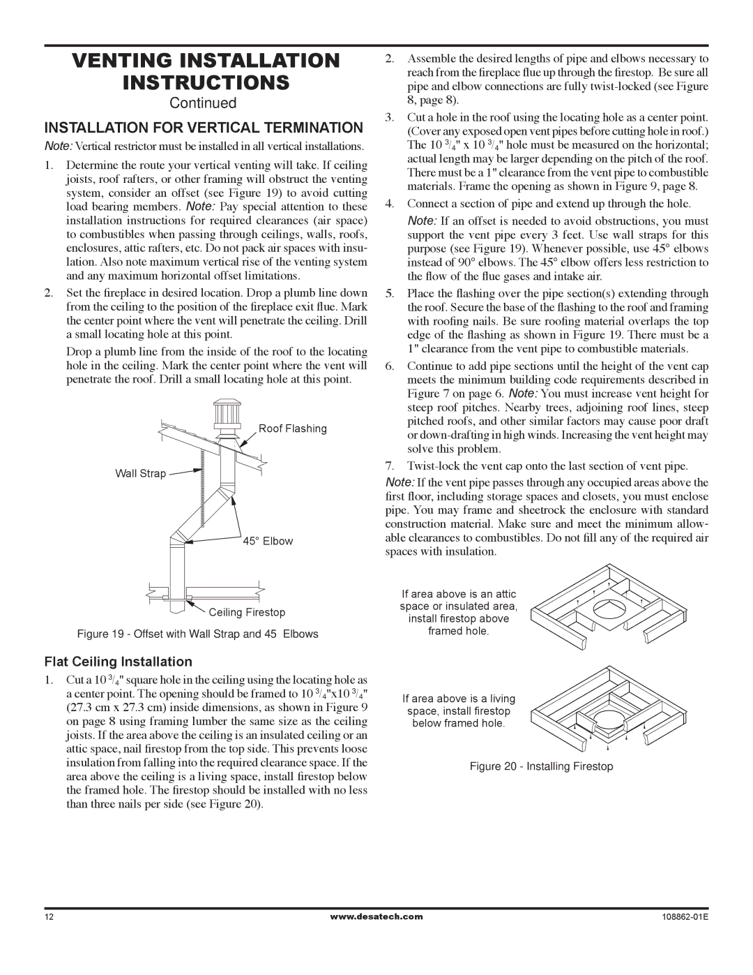 Desa (v)V42EP SERIES installation manual Installation for vertical termination, Flat Ceiling Installation 