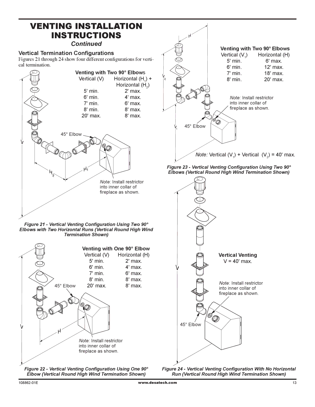 Desa (v)V42EP SERIES installation manual Vertical Termination Configurations, Vertical Venting 